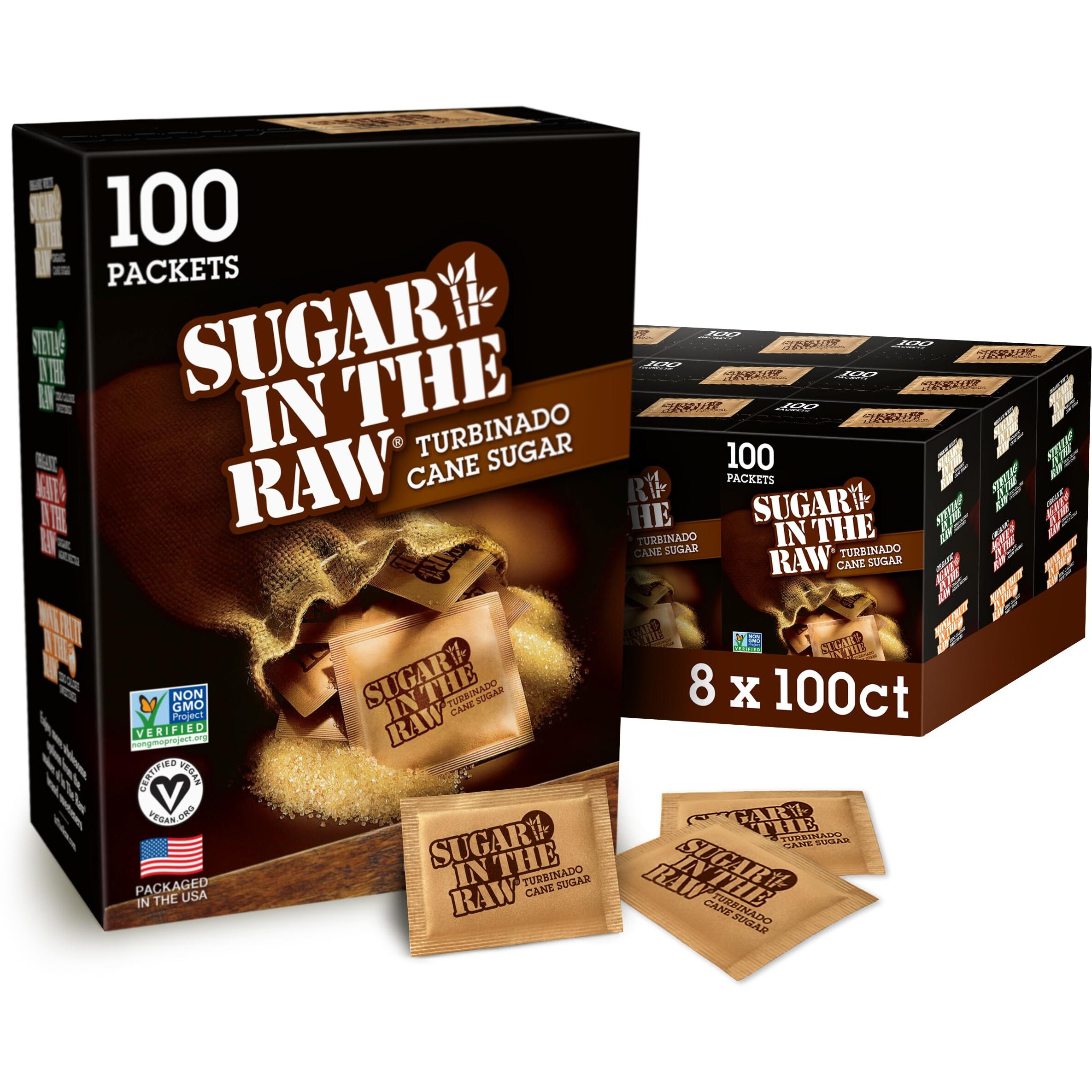 Sugar In The Raw Turbinado Cane Sugar Packets, 100 Ct Box, 8 Pack, Pure, All-Natural Turbinado Sugar, Non-Gmo Project Verified, Kosher, Vegan And Gluten Free