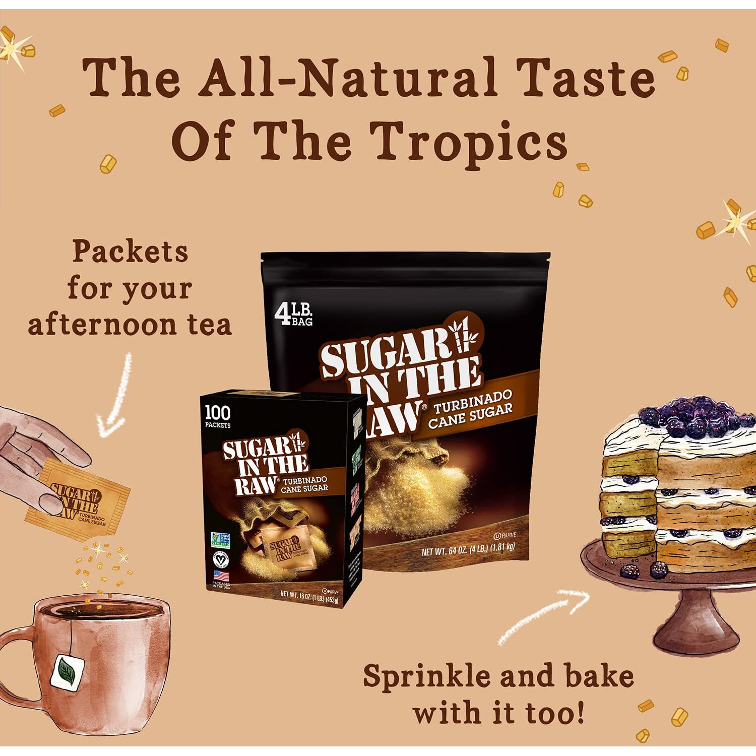 Sugar In The Raw Turbinado Cane Sugar Packets, 100 Ct Box, 8 Pack, Pure, All-Natural Turbinado Sugar, Non-Gmo Project Verified, Kosher, Vegan And Gluten Free