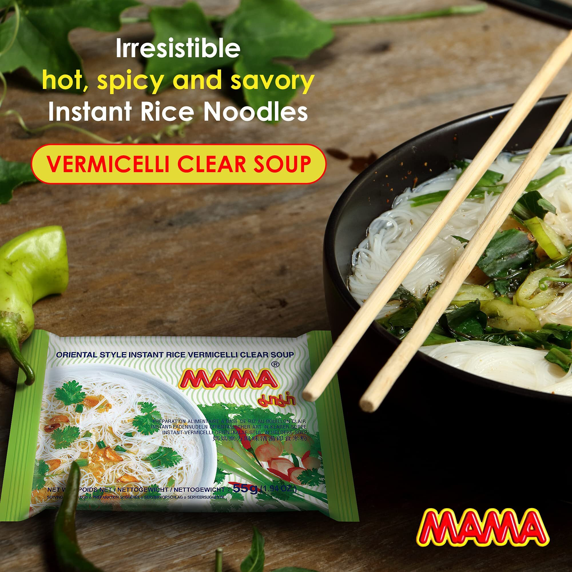 Mama Noodles Vermicelli Clear Soup Instant Rice Noodles W/Delicious Thai Flavors, Hot & Spicy Noodles, No Trans Fat W/Fewer Calories Than Deep Fried Noodles 30 Pack