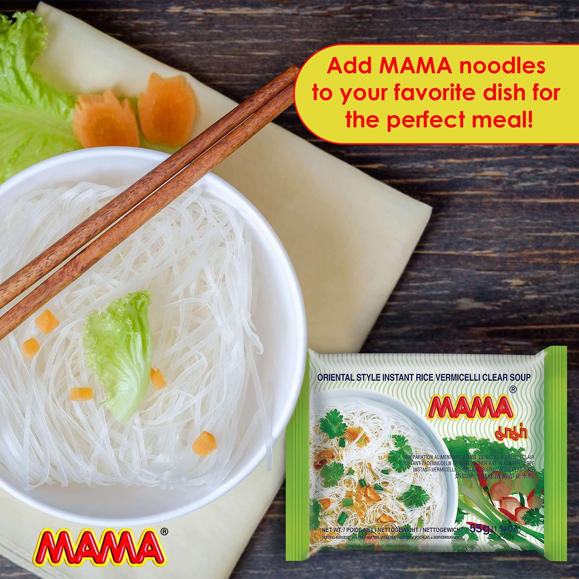 Mama Noodles Vermicelli Clear Soup Instant Rice Noodles W/Delicious Thai Flavors, Hot & Spicy Noodles, No Trans Fat W/Fewer Calories Than Deep Fried Noodles 30 Pack