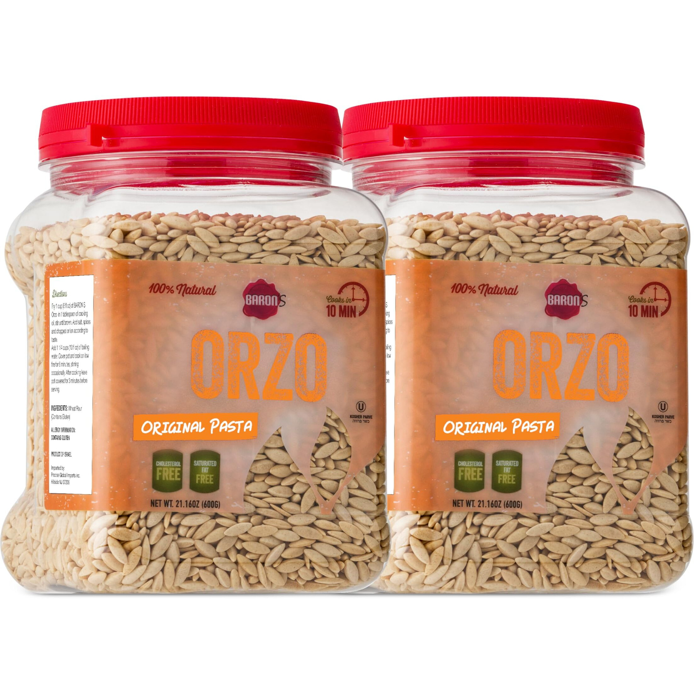 Barons Orzo Pasta Original | 2 Pack Of 21.16Oz Kosher Jars | Natural Israeli Rice-Shaped Orzo For Soups, Casseroles & Salads | Cooks In 10 Minutes For Creamy & Delicious Risottos Or Rice Pilaf