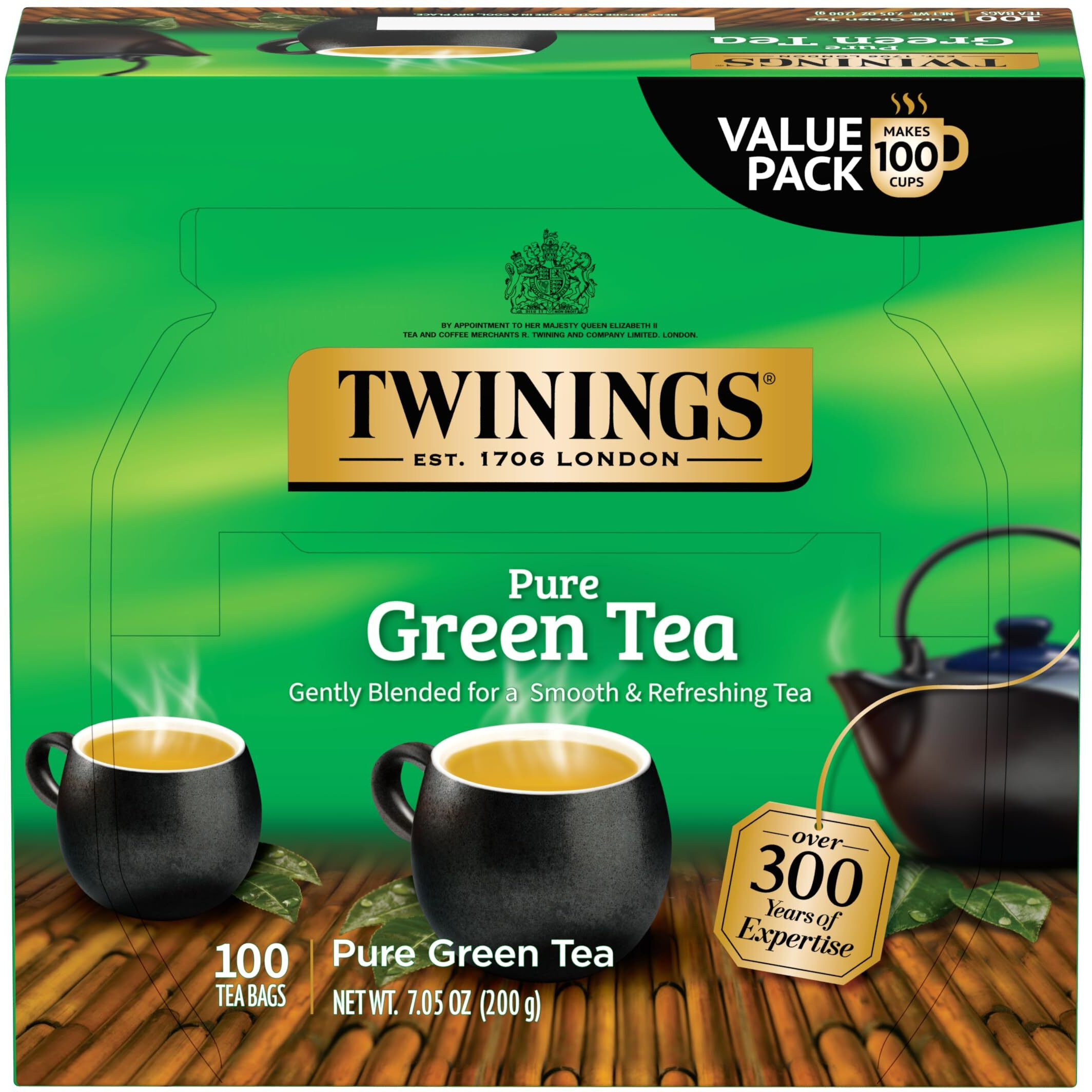 Twinings Pure Green Tea Individually Wrapped Bags, 100 Count (Pack Of 1), Smooth & Refreshing, Caffeinated, Enjoy Hot Or Iced