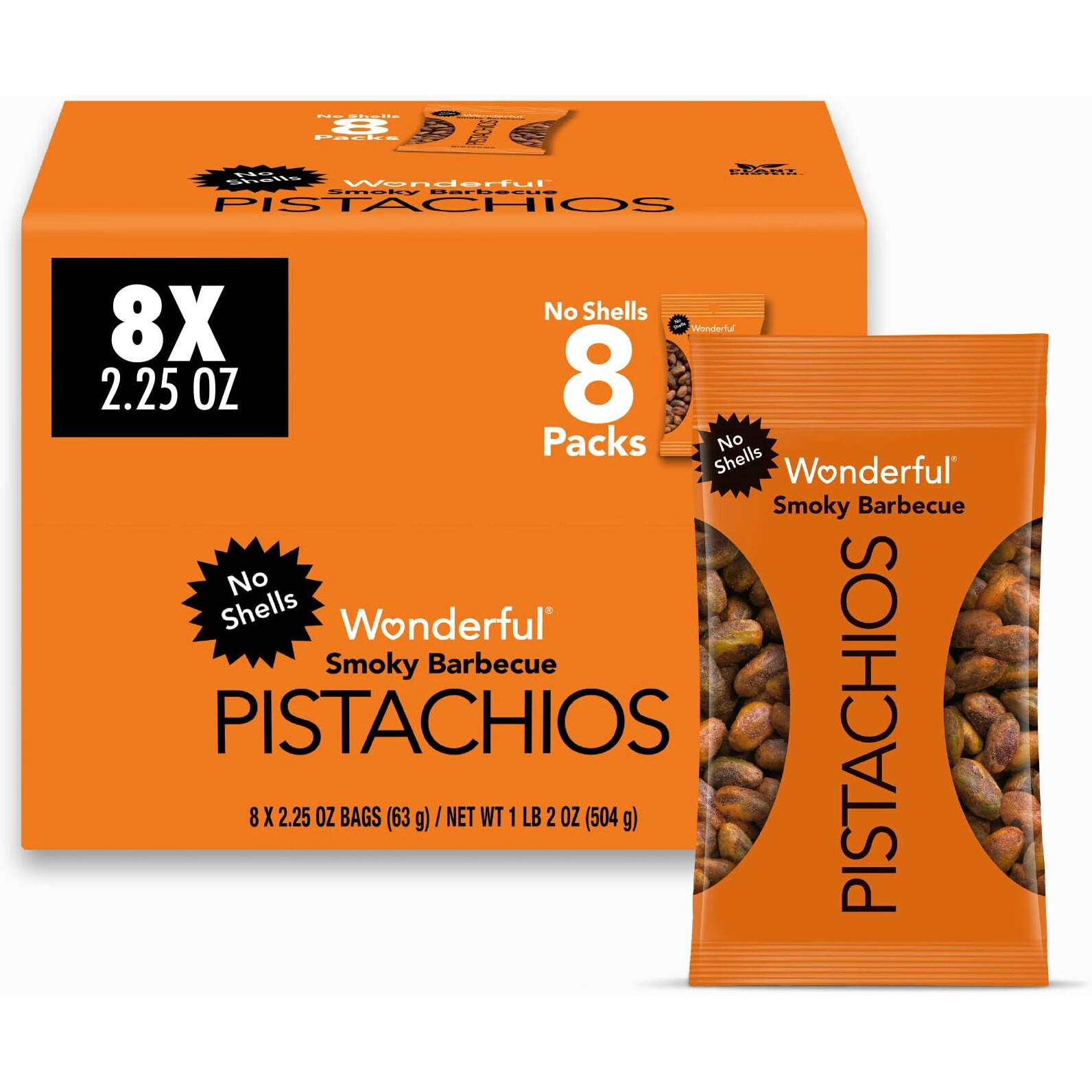 Wonderful Pistachios No Shells, Smoky Barbeque Nuts, 2.25 Ounce Bag (Pack Of 8), Protein Snacks, Healthy Snack, Travel Snacks