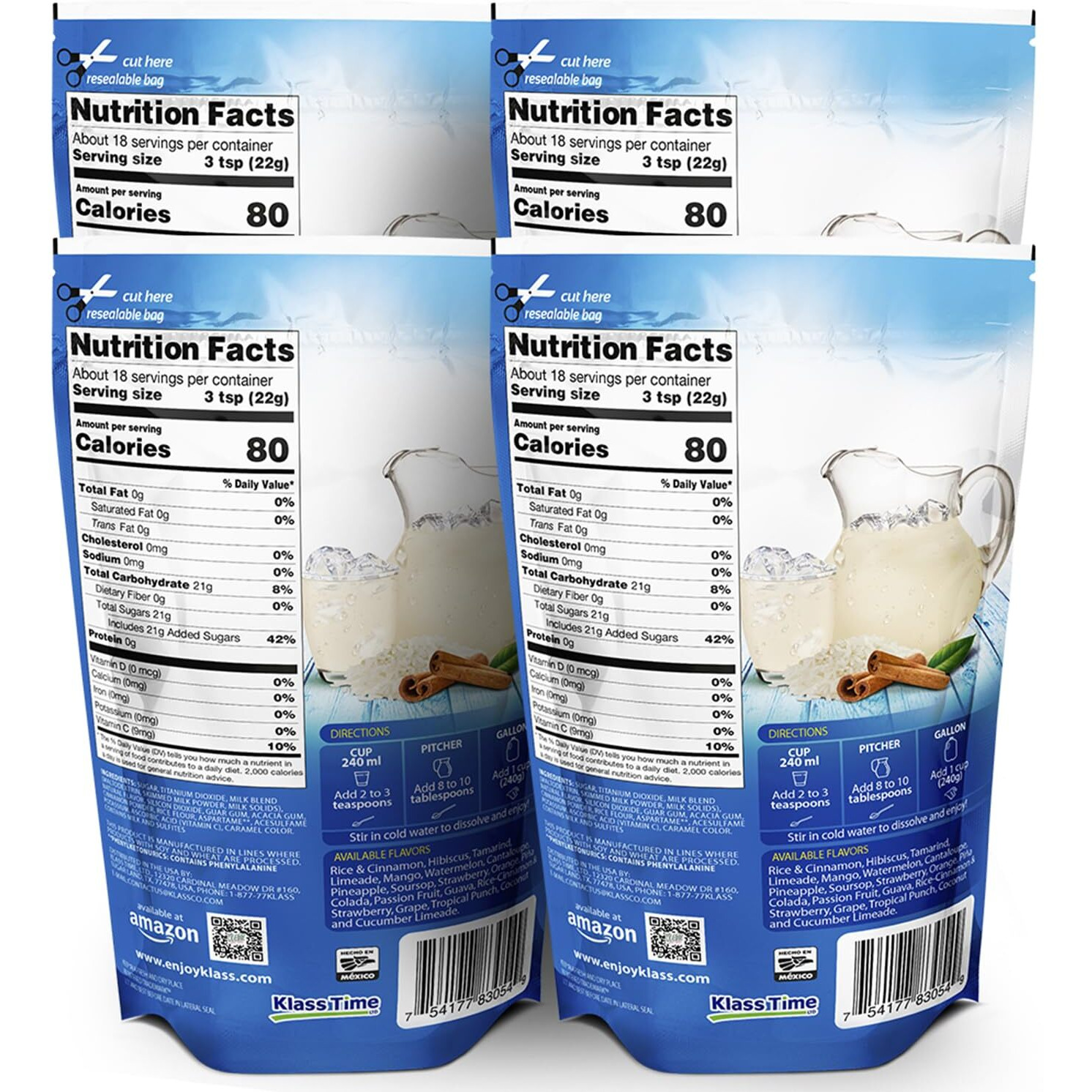 Drink Mix Aguas Frescas | Klass Horchata & Strawberry Horchata | Drink Mix, Flavors From Natural Sources, No Artificial Flavors, With Vitamin C (Makes 7 To 9 Quarts) 14.1 Oz Family Pack (4Pack)