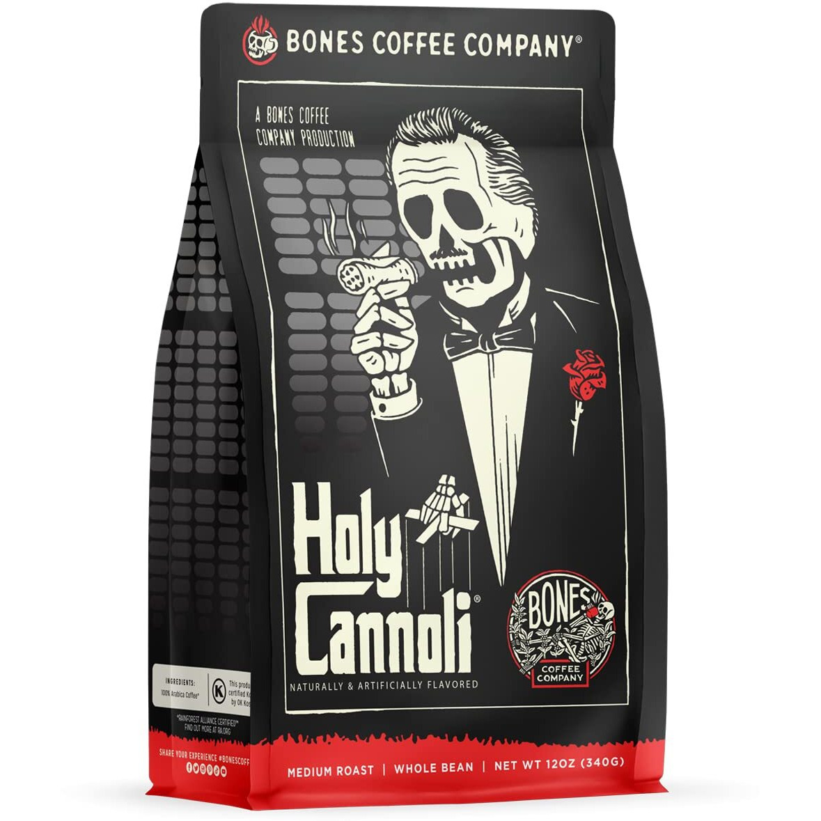 Bones Coffee Company Holy Cannoli Whole Coffee Beans Cannoli Flavor, Low Acid Flavored Coffee, Made With Arabica Coffee Beans, Medium Roast Gourmet Coffee, Coffee Lover Gift Ideas (12 Oz)