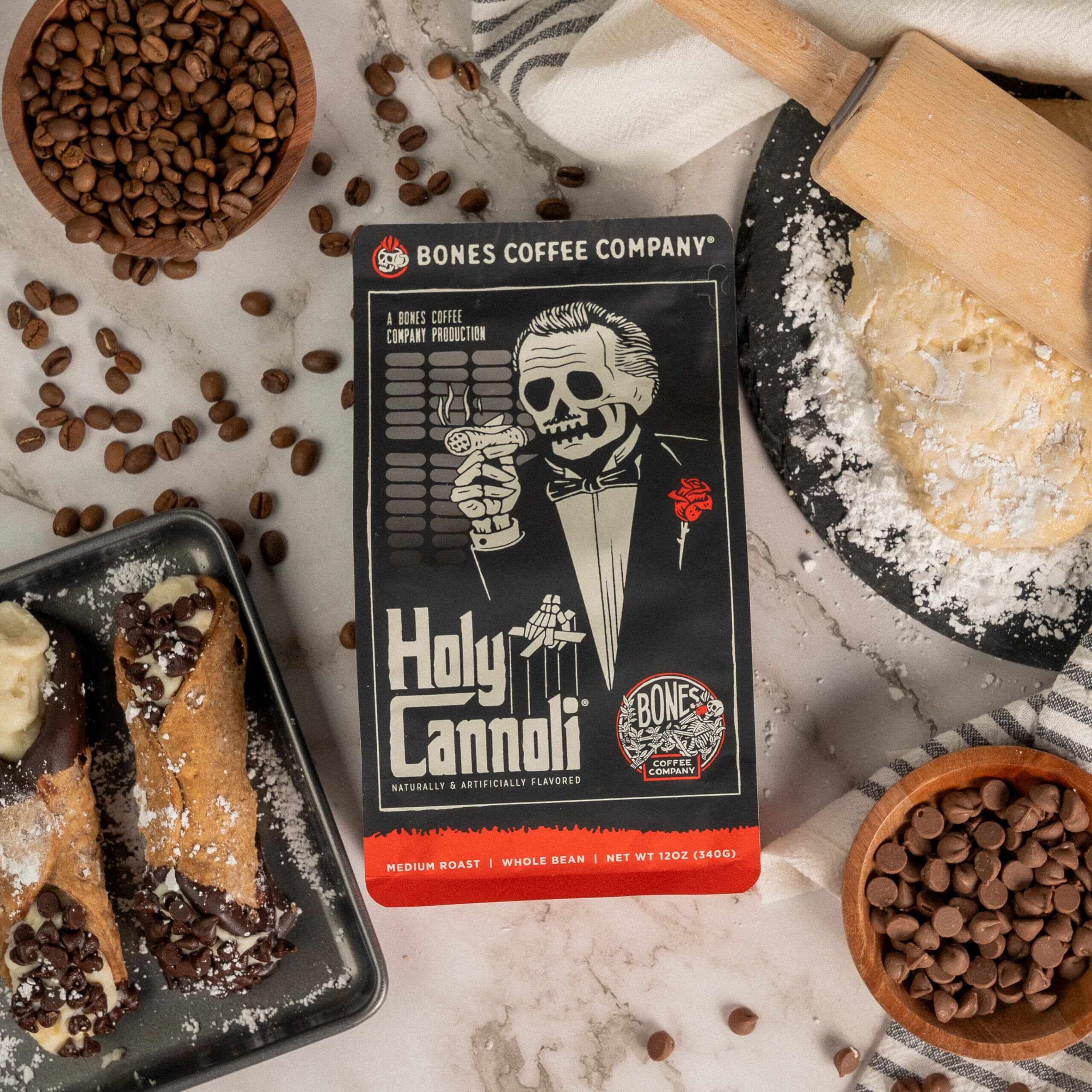Bones Coffee Company Holy Cannoli Whole Coffee Beans Cannoli Flavor, Low Acid Flavored Coffee, Made With Arabica Coffee Beans, Medium Roast Gourmet Coffee, Coffee Lover Gift Ideas (12 Oz)