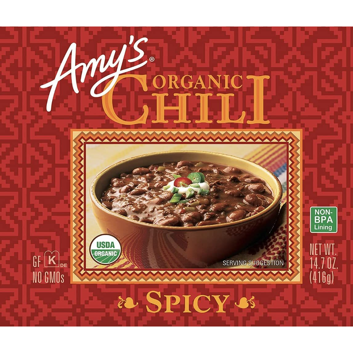 Amy's, Chili, Gluten Free, Vegetarian, Organic, Spicy, Jalapeo Pepper, 14.7 Oz, Pack Of 6