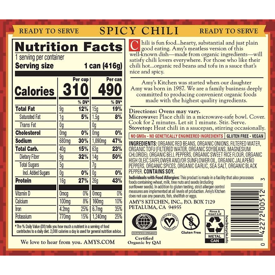 Amy's, Chili, Gluten Free, Vegetarian, Organic, Spicy, Jalapeo Pepper, 14.7 Oz, Pack Of 6