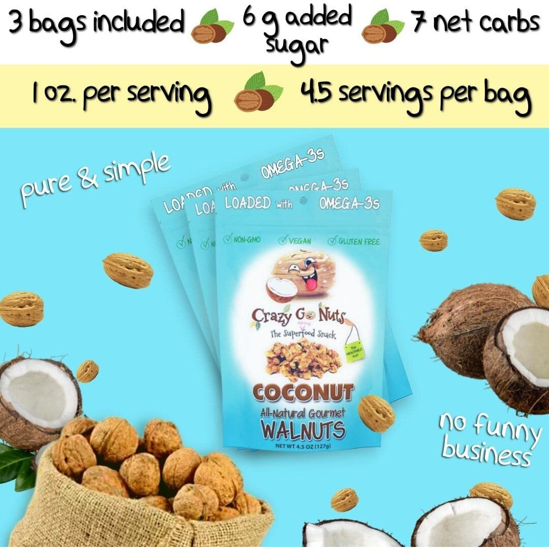 Crazy Go Nuts Walnuts - Coconut, 4.5 Oz (3-Pack) - Healthy Snacks, Vegan, Gluten Free, Superfood - Natural, Non-Gmo, Ala, Omega 3 Fatty Acids, Good Fats, And Antioxidants