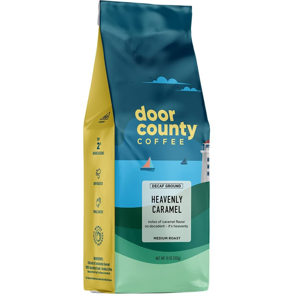 Door County Coffee Heavenly Caramel Decaf Flavored Coffee | 10Oz Bag | Ground Coffee Medium Roast | 100% Arabica Coffee | Heavenly Caramel Decaf