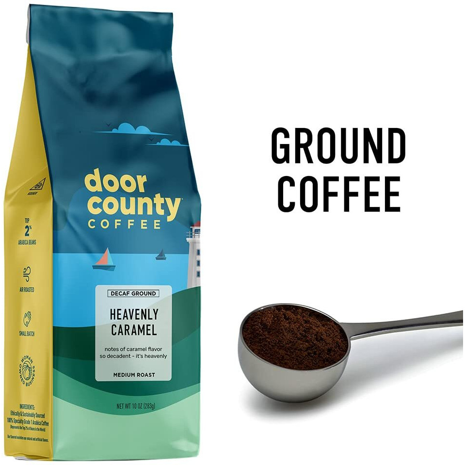 Door County Coffee Heavenly Caramel Decaf Flavored Coffee | 10Oz Bag | Ground Coffee Medium Roast | 100% Arabica Coffee | Heavenly Caramel Decaf