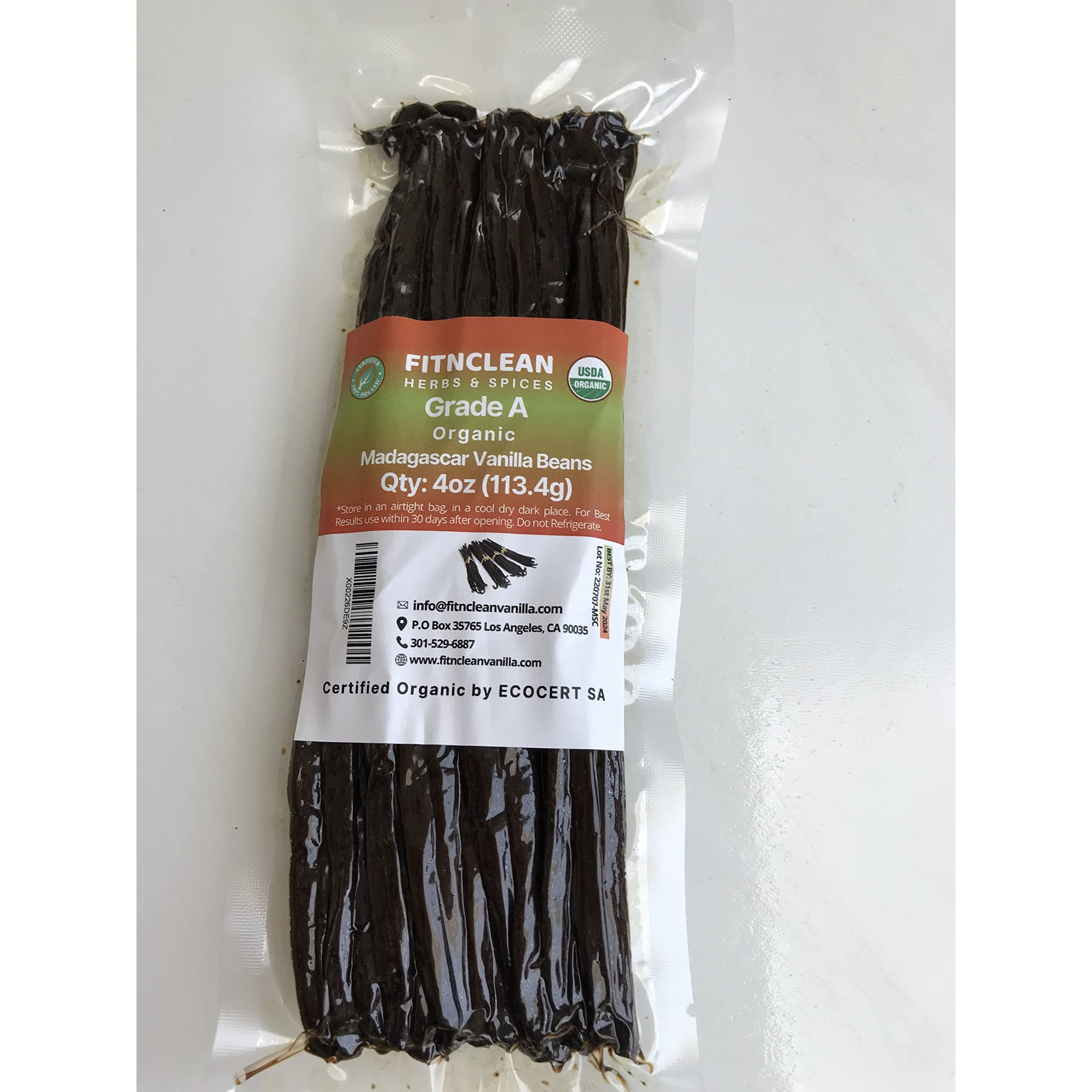 4Oz Organic Madagascar Vanilla Beans Grade A. Certified Usda Organic. 6""-8"" By Fitnclean Vanilla. Bulk For Extract, Cooking And Baking By The Weight 0.25 Pound (1/4Lb) Bourbon Fresh Non-Gmo Pods.