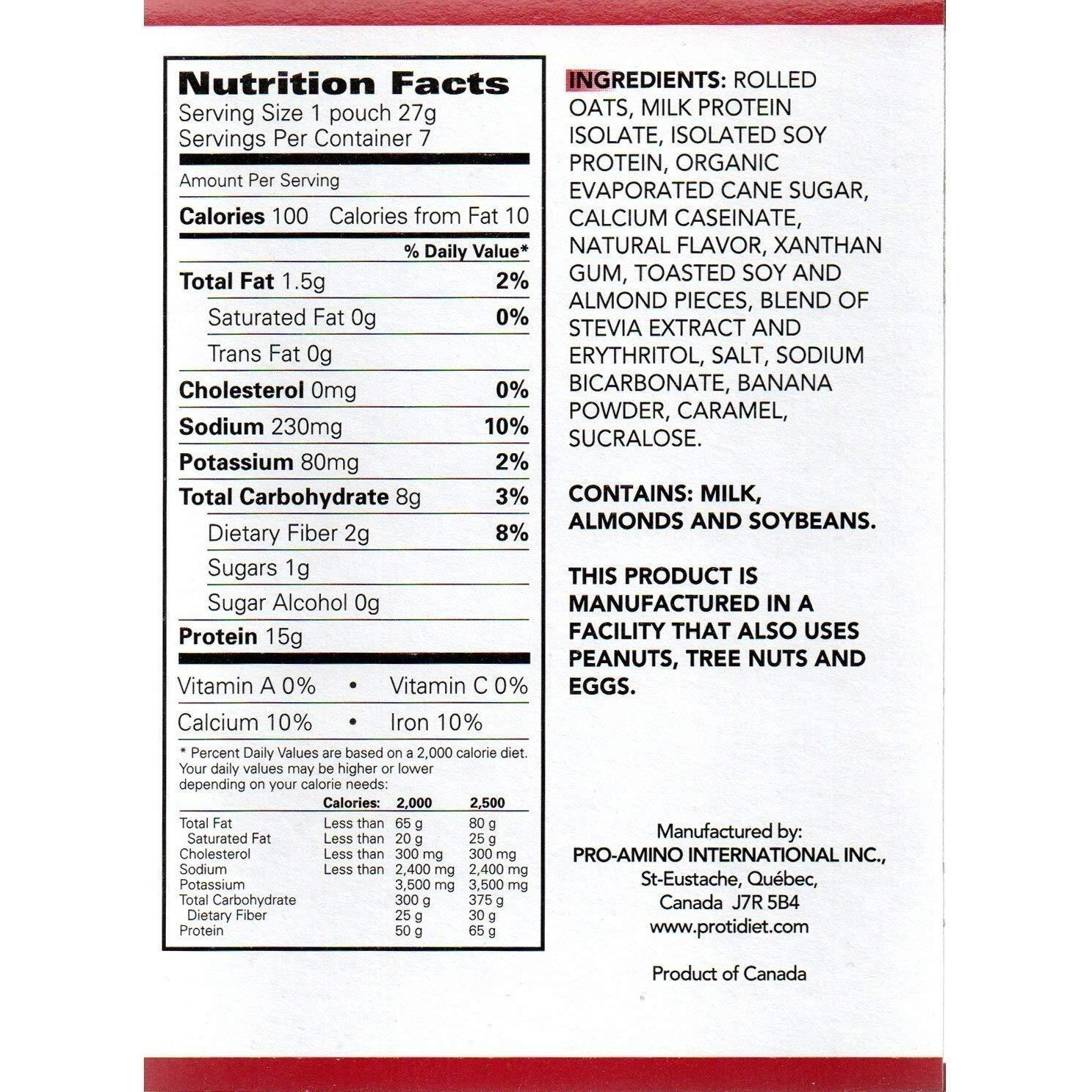 Protidiet Oatmeal - Banana Nut (7/Box) - High Protein 15G - Low Calorie - Low Fat