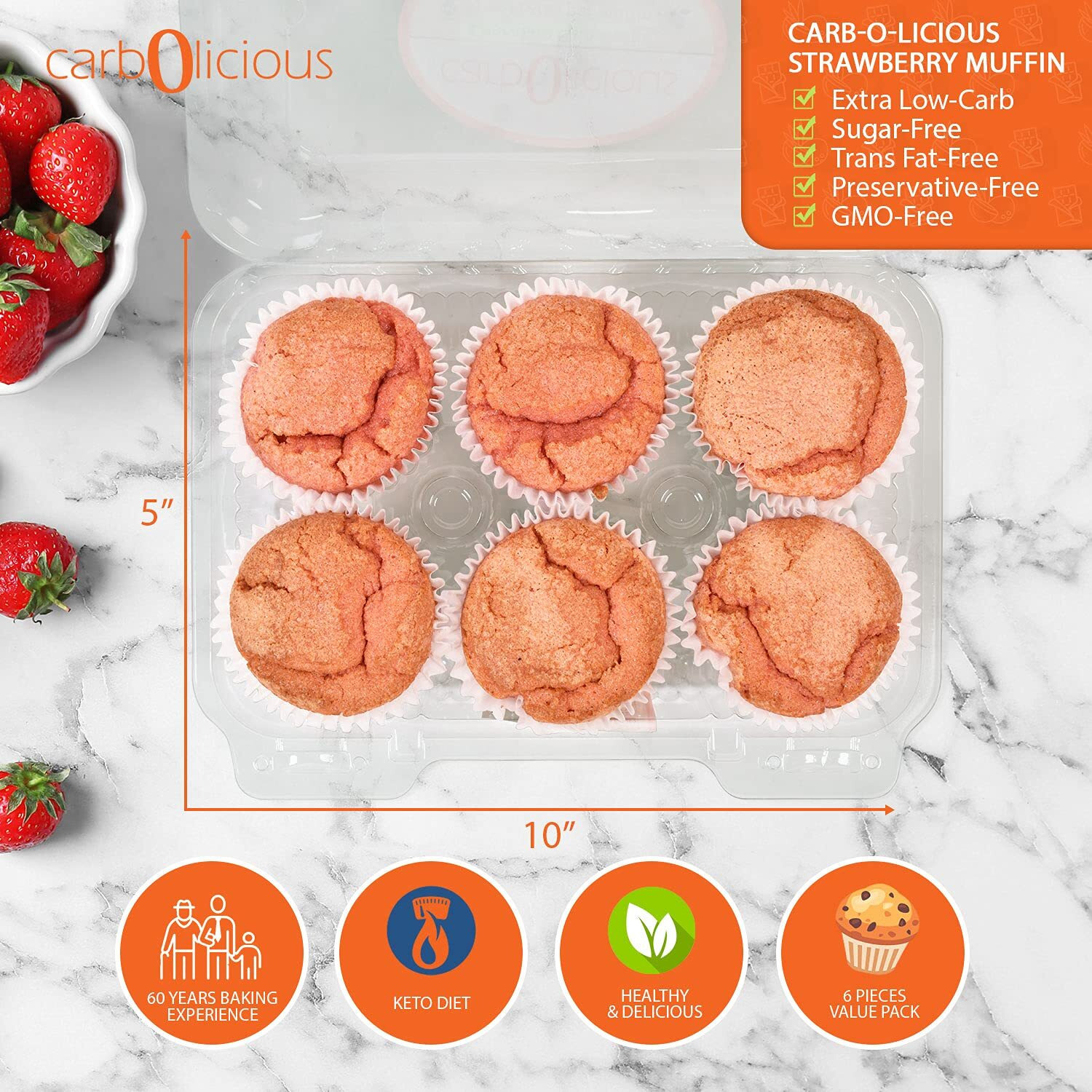 Low Carb Strawberry Muffins [6-Pack] By Carb-O-Licious- Delicious Keto Muffins With Only 3 Net Carbs Each- Sugar Free Healthy Snack With Almond Flour- Best Tasting Low-Carb Diet Treat Ever