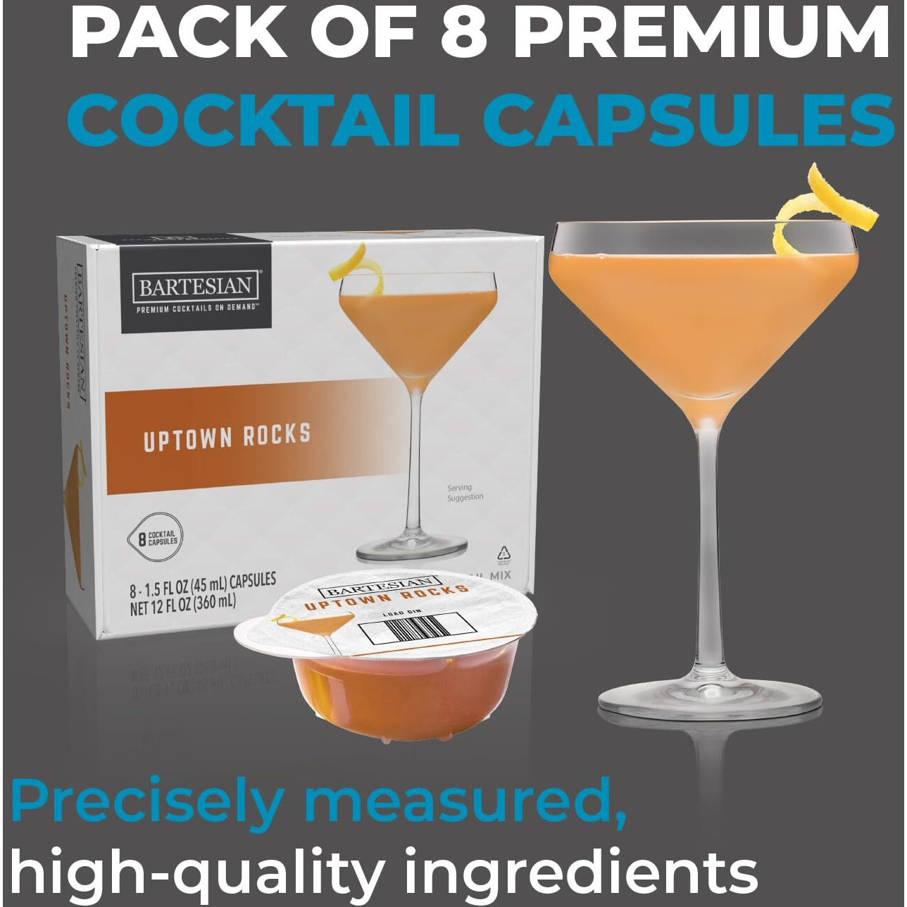 Bartesian Uptown Rocks Mixer Capsules For Cocktail Machine - Home Bar Mixology Cocktails Mix Pod Capsule Set To Use With The Bartesian Cocktail Drink Maker Machine - Pack Of 8
