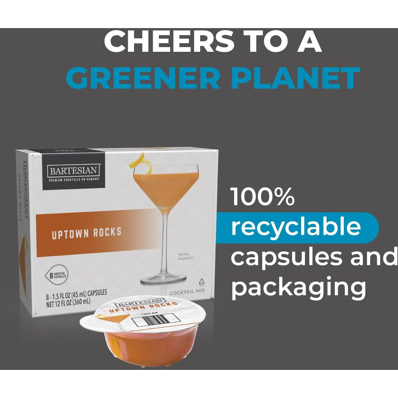 Bartesian Uptown Rocks Mixer Capsules For Cocktail Machine - Home Bar Mixology Cocktails Mix Pod Capsule Set To Use With The Bartesian Cocktail Drink Maker Machine - Pack Of 8