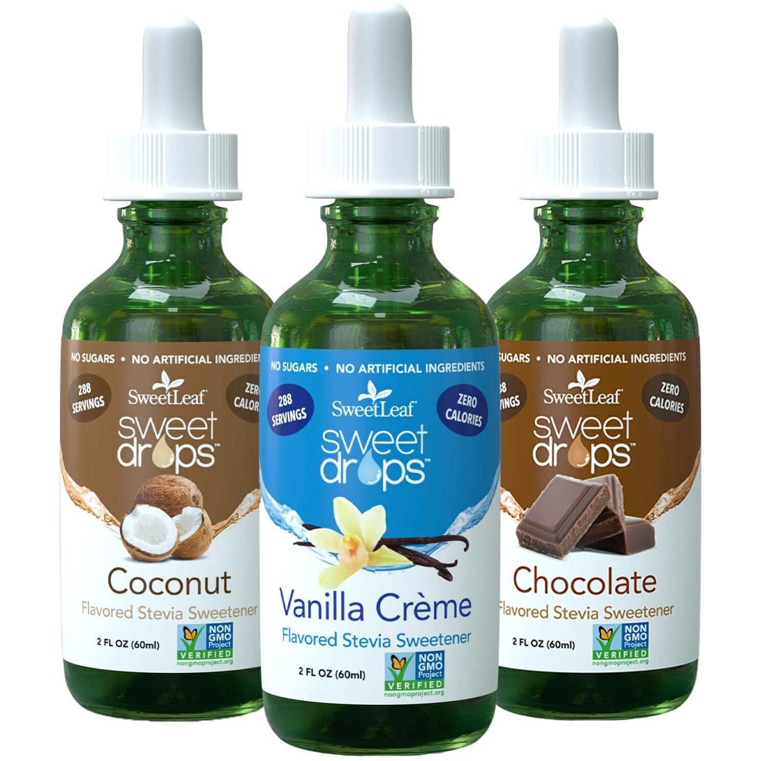 Sweetleaf Sweet Drops Stevia Liquid Sweetener, Variety 3-Pack - Vanilla Crme, Coconut, And Chocolate, 2 Oz Each
