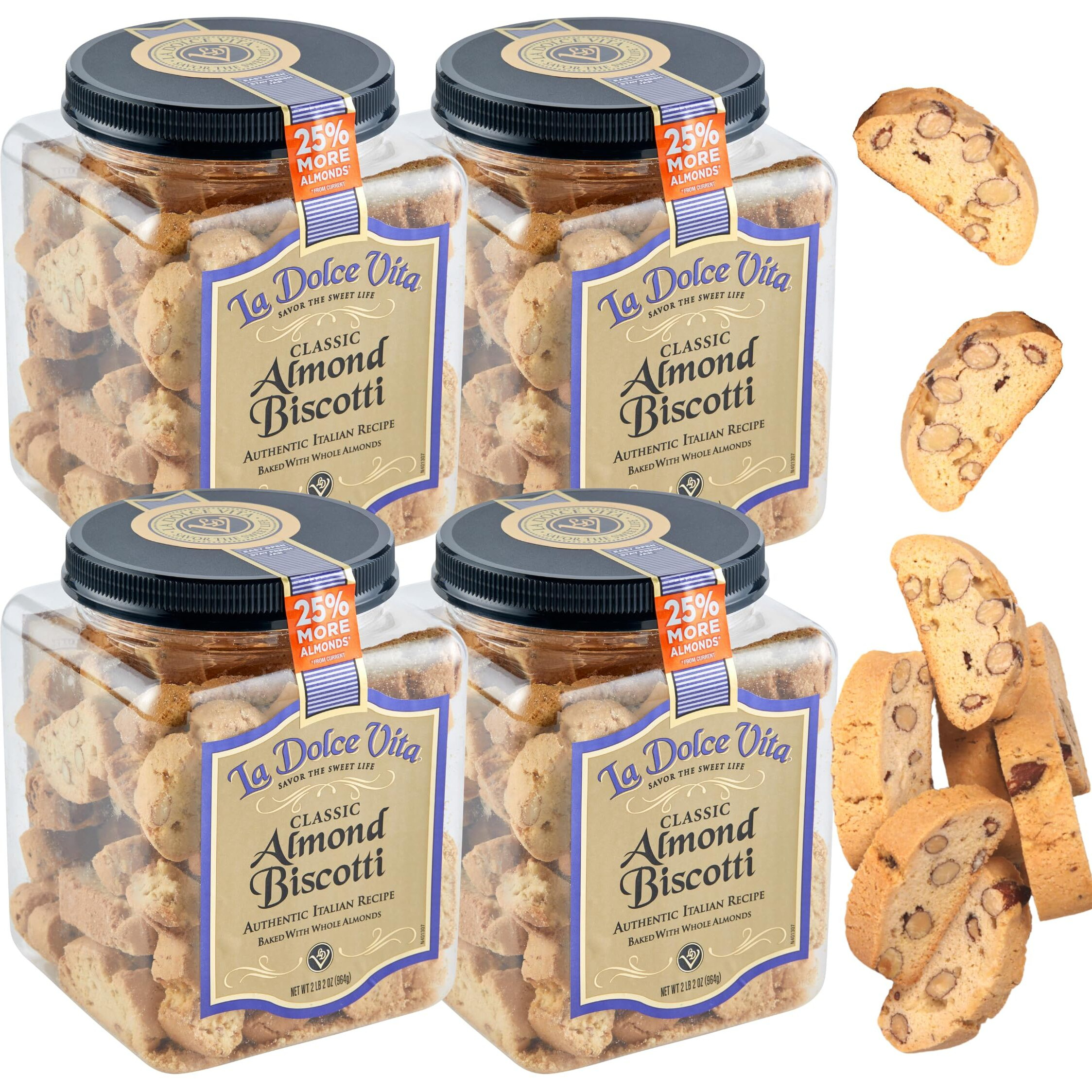 Nonni's La Dolce Vita Almond Biscotti - 4 Tubs - 34Oz Of Biscotti Italian Cookies - Italian Biscotti Cookies - Biscotti Jar - Biscotti Packed W/California Whole Almonds - Perfect W/Coffee - Kosher
