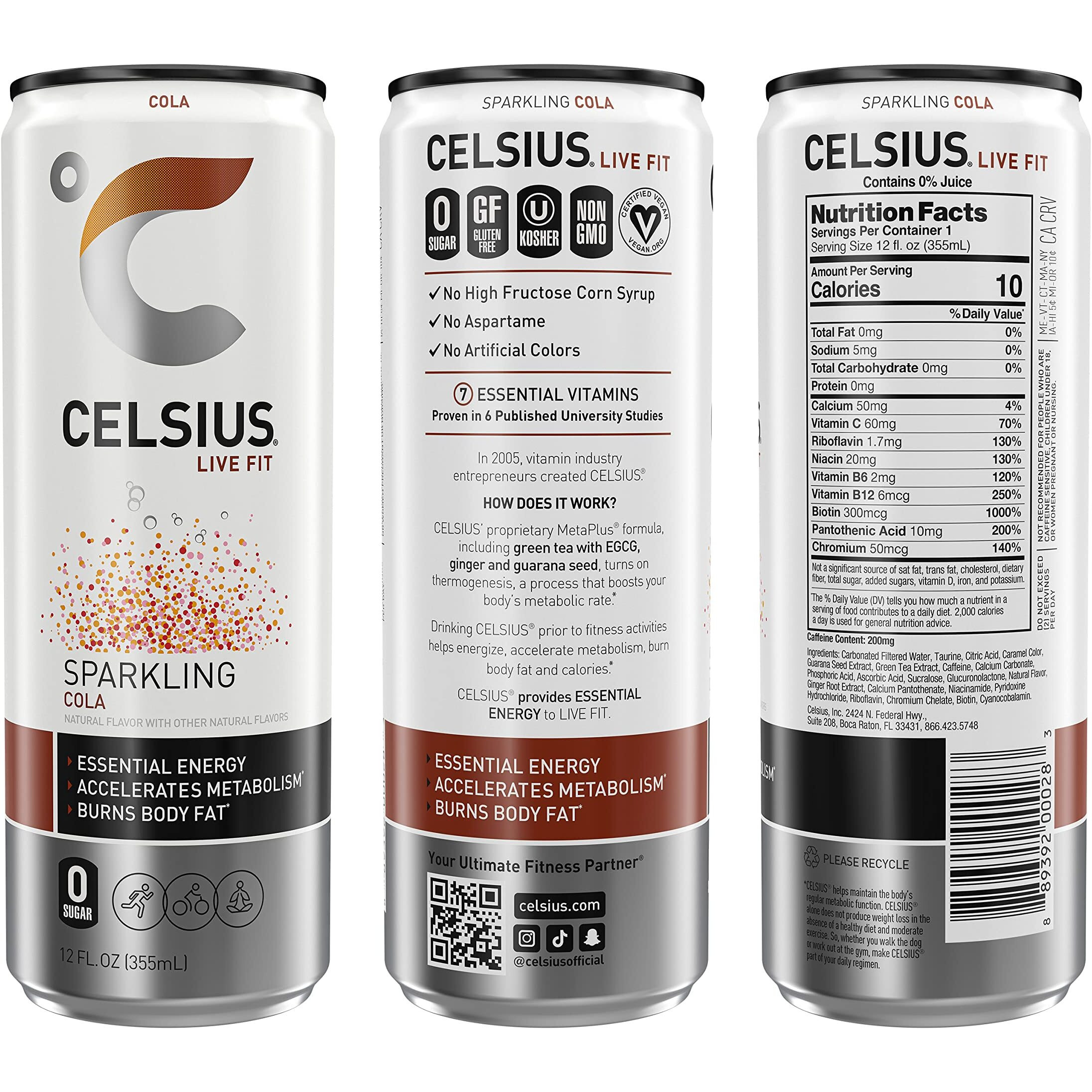 Celsius Sparkling Cola, Functional Essential Energy Drink, 12 Fl Oz (Pack Of 24)