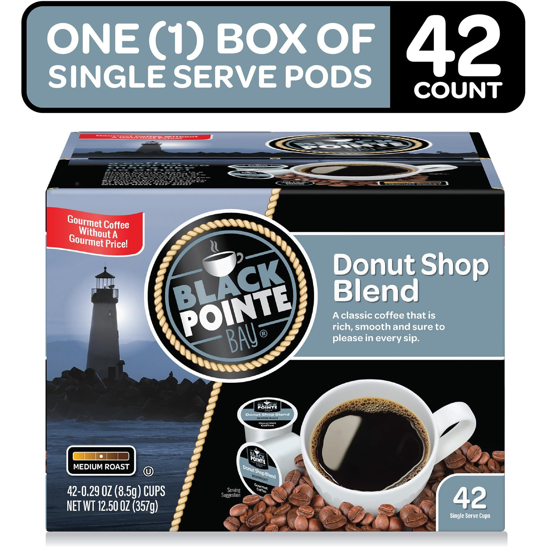 Black Pointe Bay Coffee, Donut Shop Blend, Medium Roast, 42 Count Single Serve Coffee Pods For Keurig K-Cup Brewers