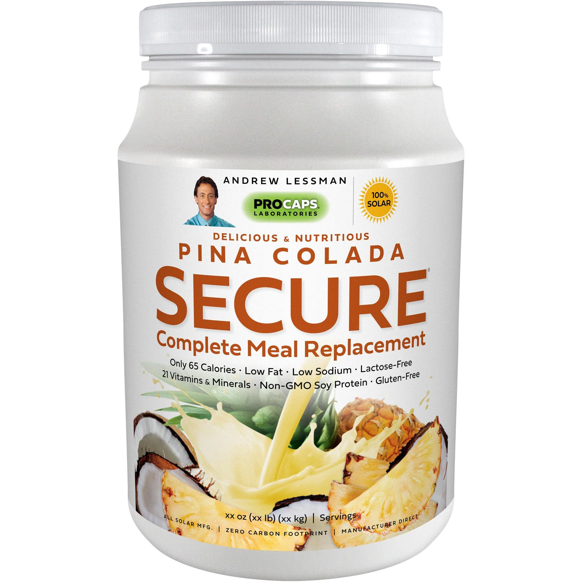 Andrew Lessman Secure Soy Complete Meal Replacement - Pia Colada 30 Servings - Only 65 Calories, 7 Grams Non-Gmo Soy Protein, Vitamins & Minerals, Low-Fat, Nutritious & Delicious, Mixes Instantly