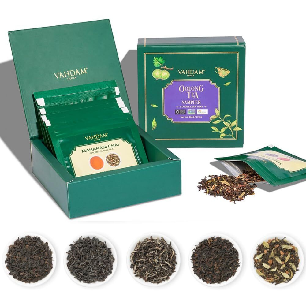 Vahdam, Assorted Oolong Tea Sampler Gift Set (5 Teas Flavors, 25 Servings) Gluten Free, Non Gmo - 5 Unblended Loose Leaf Tea Sampler | Tea Variety Pack, Gifts For Him/Her | Gifts For Women & Men