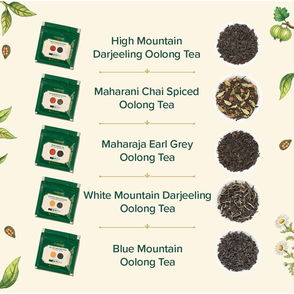 Vahdam, Assorted Oolong Tea Sampler Gift Set (5 Teas Flavors, 25 Servings) Gluten Free, Non Gmo - 5 Unblended Loose Leaf Tea Sampler | Tea Variety Pack, Gifts For Him/Her | Gifts For Women & Men