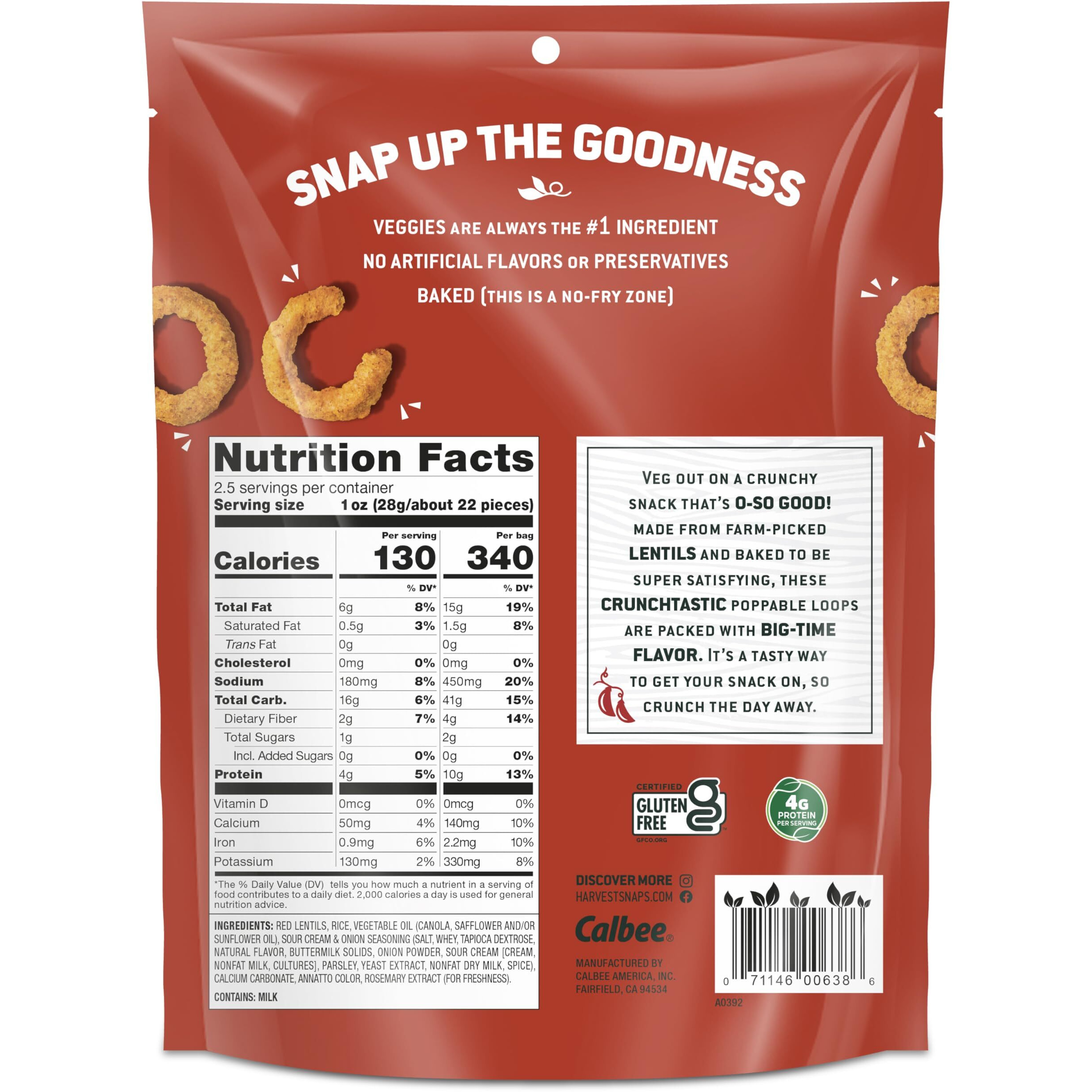 Harvest Snaps Veggie Chips (Sour Cream And Onion Crunchy Loops) | Powered By Plant Protein, Gluten Free Baked Vegetable Crisps | Made In Usa (8 Snack Packs)