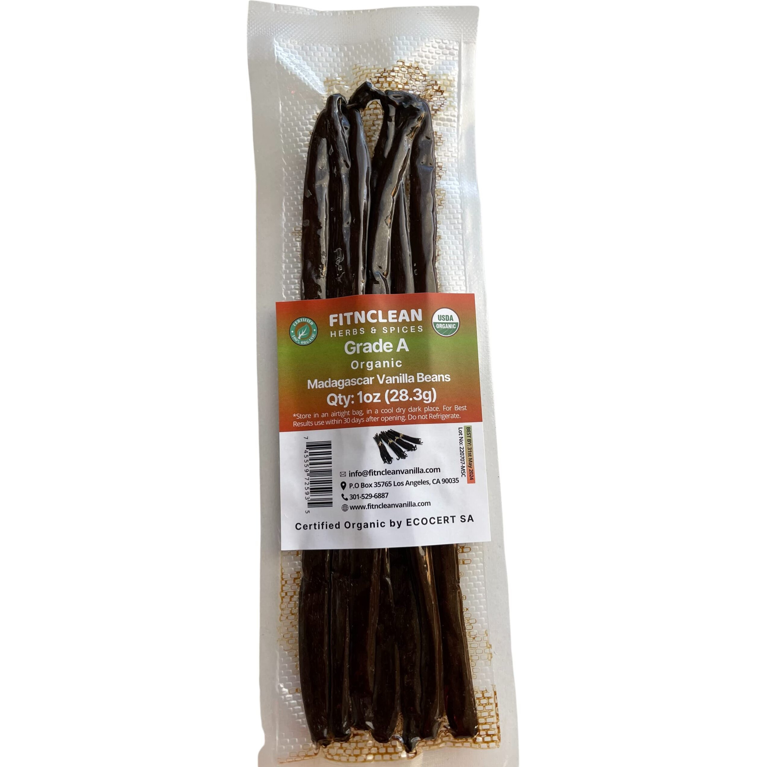 1Oz. Madagascar Organic Vanilla Beans Gourmet Grade A. Certified Usda Organic 6""-7.5"" By Fitnclean Vanilla For Cooking, Brewing, Extract Fresh Bourbon Non-Gmo Whole Pods