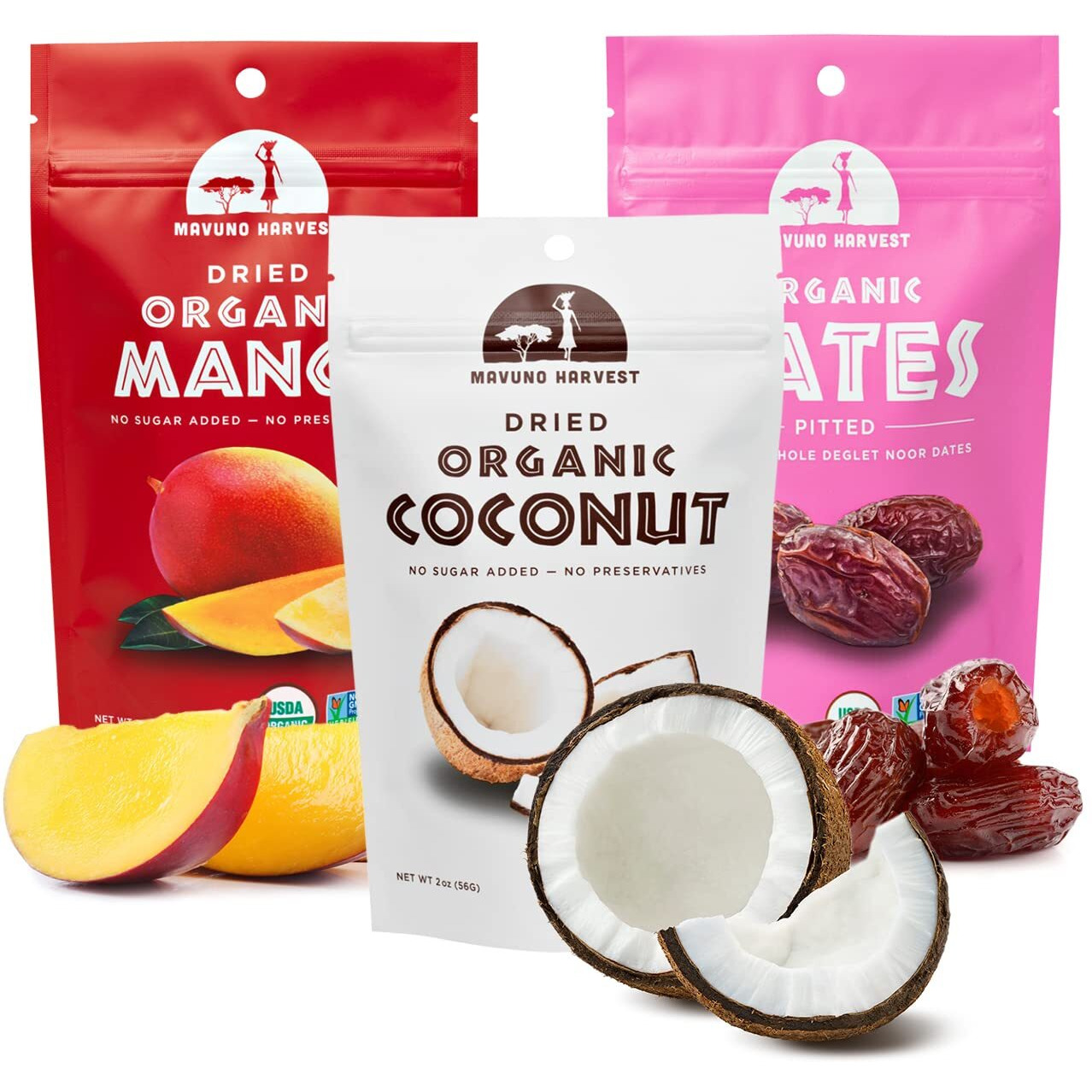 Mavuno Harvest Organic Dried Fruit Variety Pack | Dried Mango, Coconut, And Dates | Healthy, Vegan, No Sugar Added, Non Gmo Snacks For Kids & Adults | 2 Ounce, Pack Of 3