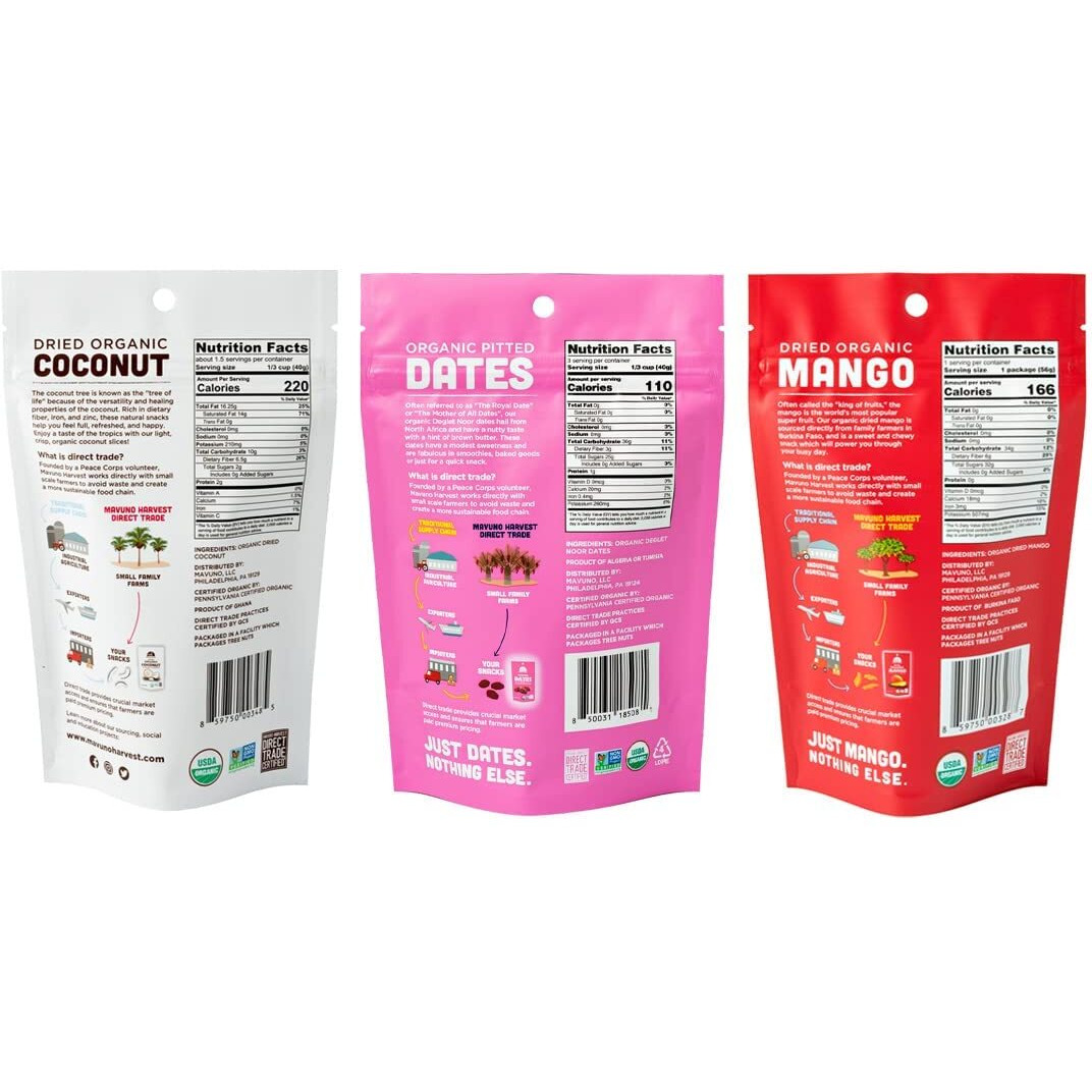 Mavuno Harvest Organic Dried Fruit Variety Pack | Dried Mango, Coconut, And Dates | Healthy, Vegan, No Sugar Added, Non Gmo Snacks For Kids & Adults | 2 Ounce, Pack Of 3
