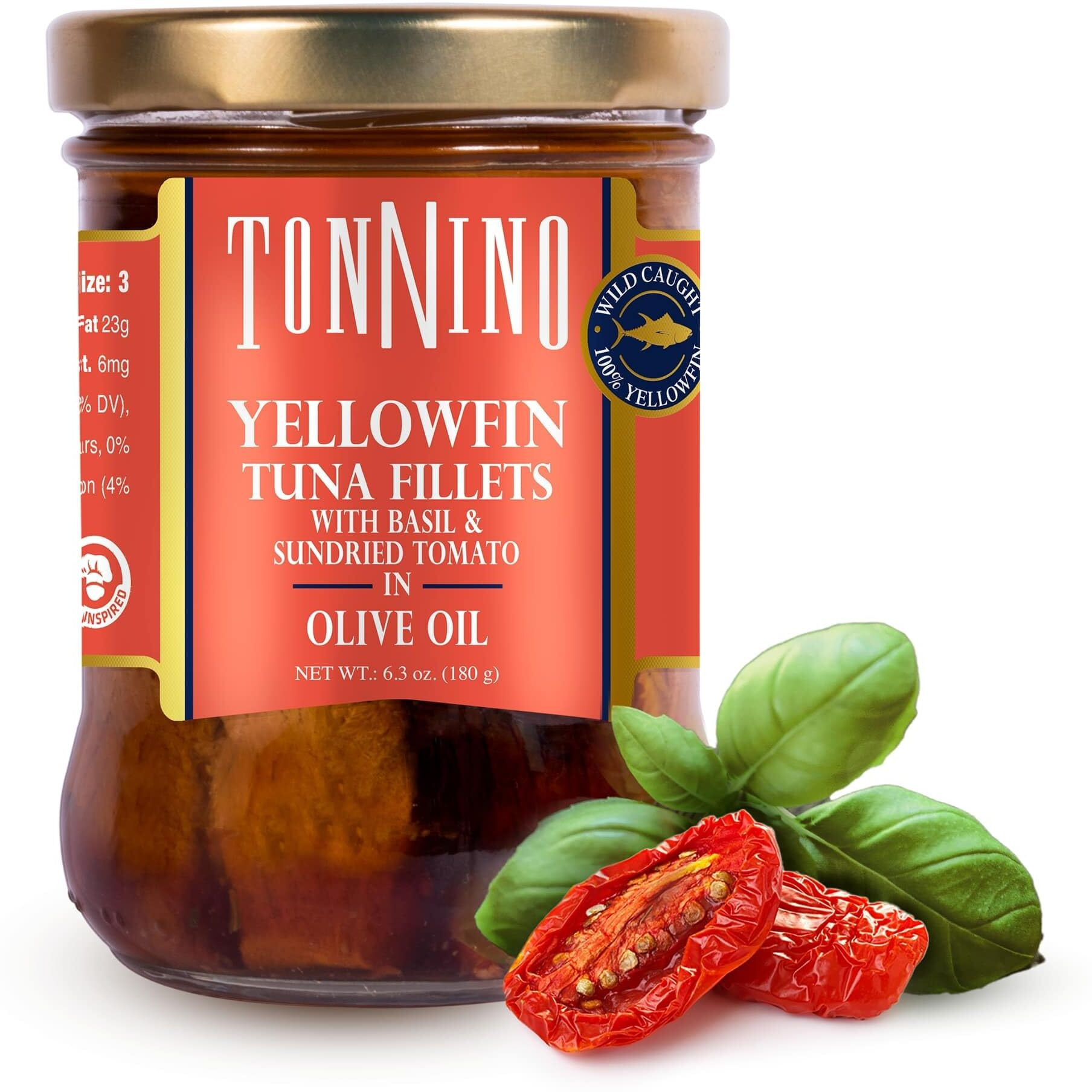 Tonnino Yellowfin Tuna In Olive Oil With Tomato & Basil 6.3 Oz - Gourmet 6-Pack Omega-3, High Protein, Gluten-Free, Ready-To-Eat Tuna Packets For Tuna Salad, Tuna Fish Alternative To Salmon