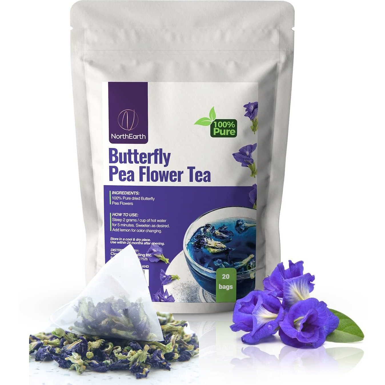 Northearth 100% Pure Butterfly Pea Flower Tea - Blue Pea Tea Clitoria Ternatea Flower - 20 Corn-Fiber Pyramid Tea Bags