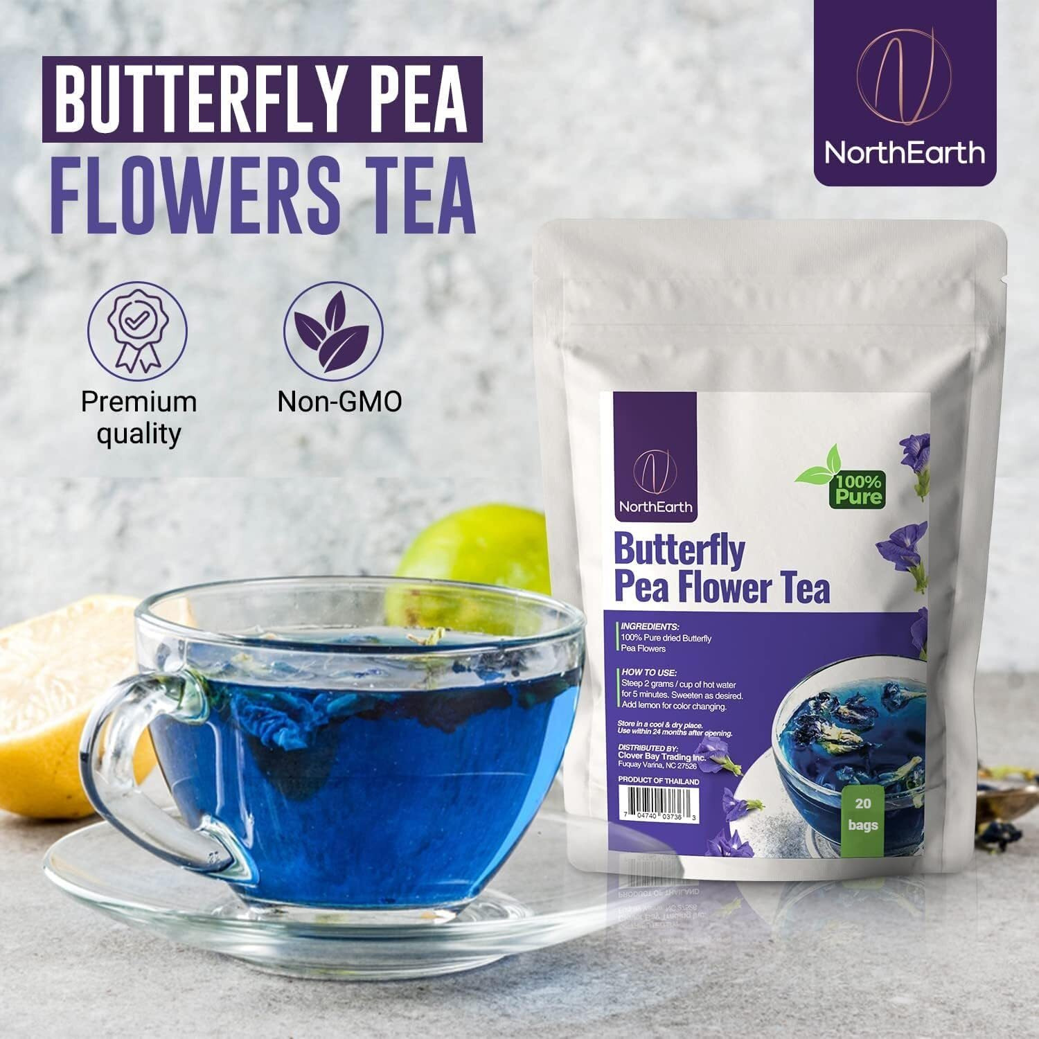 Northearth 100% Pure Butterfly Pea Flower Tea - Blue Pea Tea Clitoria Ternatea Flower - 20 Corn-Fiber Pyramid Tea Bags