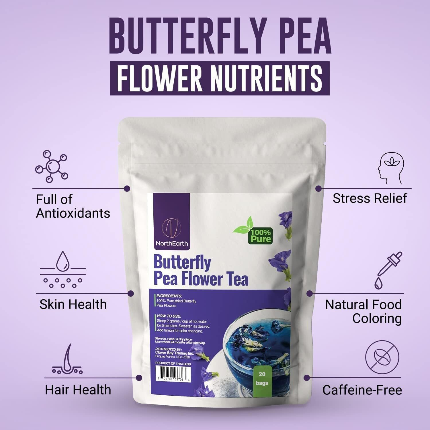 Northearth 100% Pure Butterfly Pea Flower Tea - Blue Pea Tea Clitoria Ternatea Flower - 20 Corn-Fiber Pyramid Tea Bags