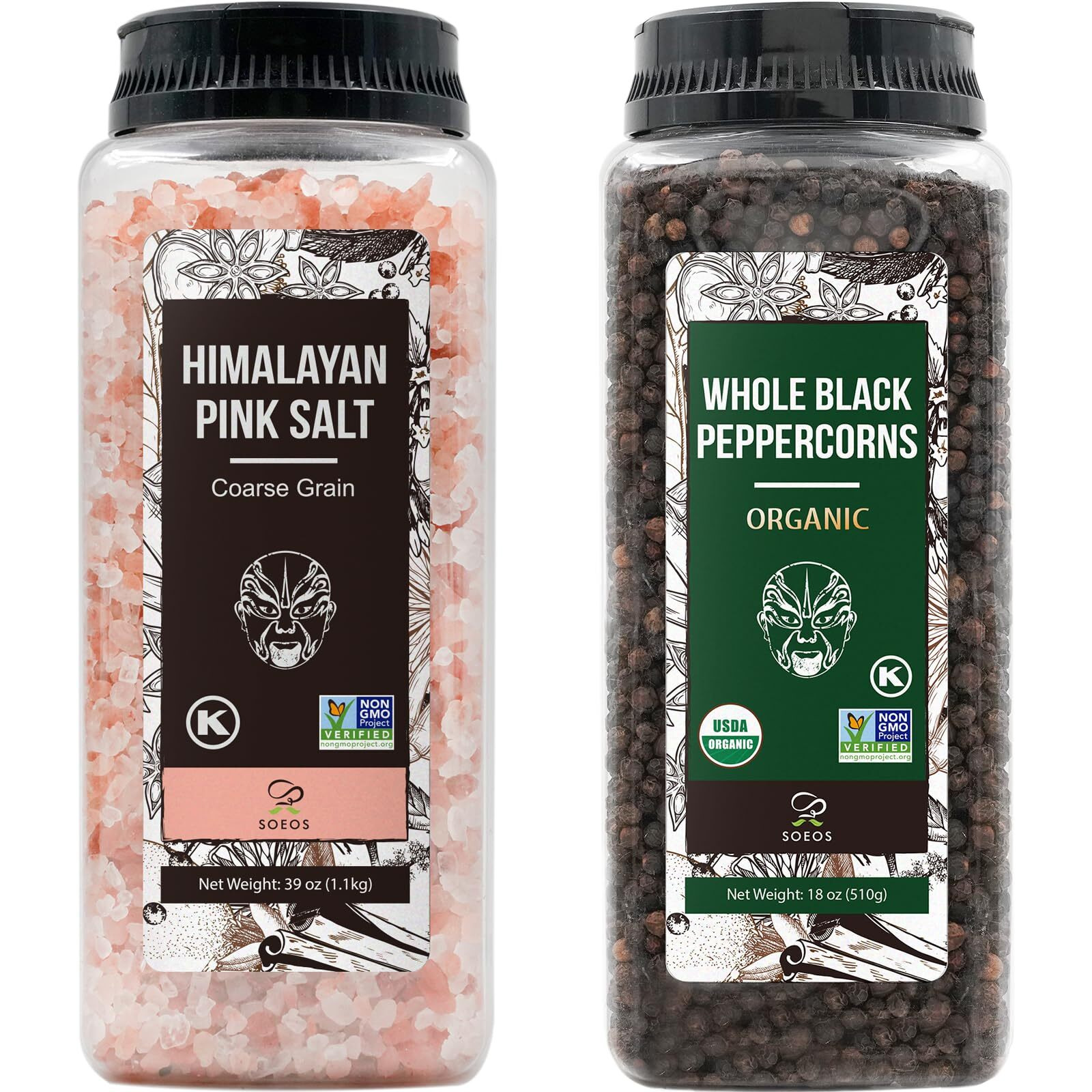 Soeos Himalayan Pink Salt Coarse 39 Oz + Organic Black Peppercorns 18 Oz, Salt For Grinder Refill, Salt And Peppercorns, Pepper Grinder Refill, Non-Gmo Spice Seasoning Set For Cooking