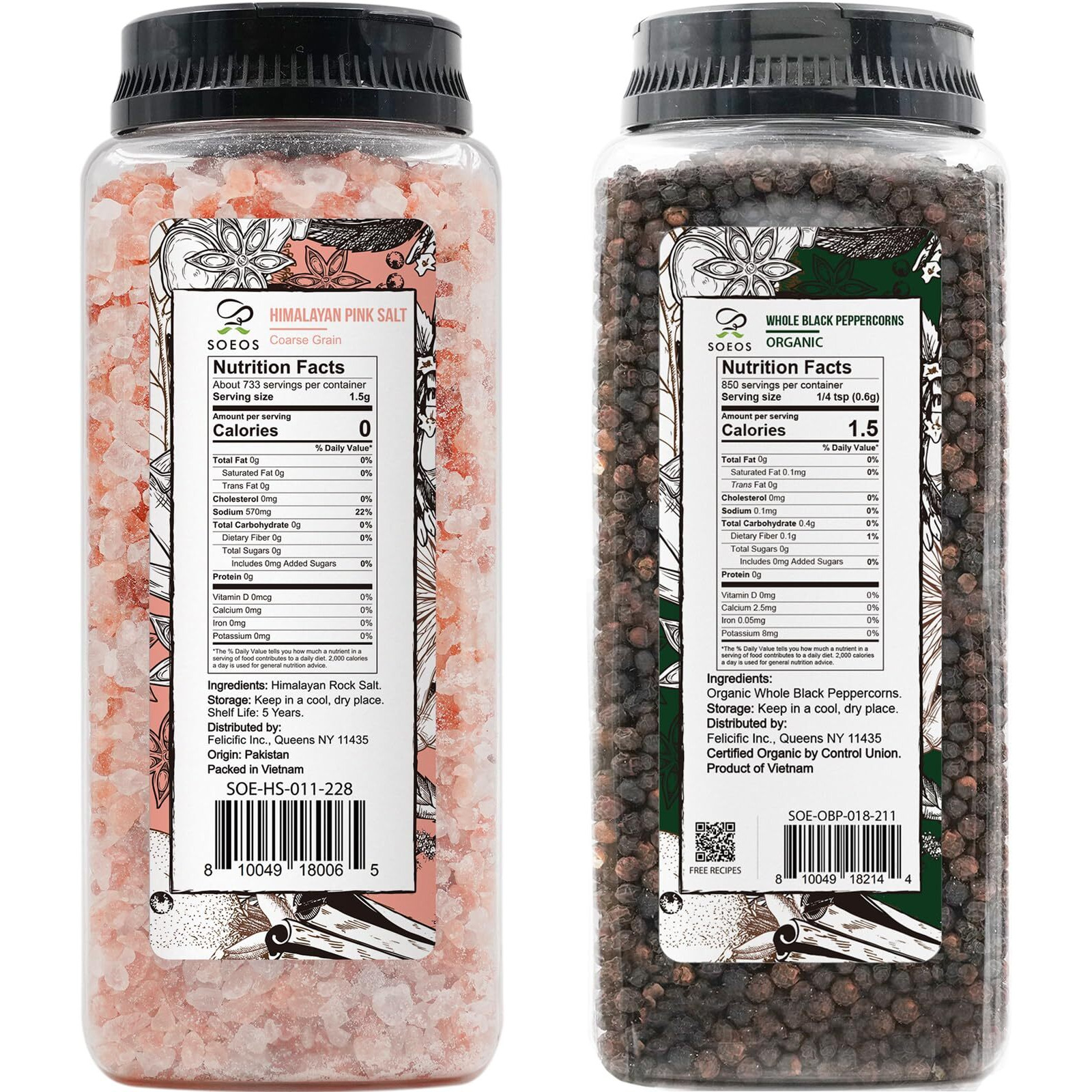 Soeos Himalayan Pink Salt Coarse 39 Oz + Organic Black Peppercorns 18 Oz, Salt For Grinder Refill, Salt And Peppercorns, Pepper Grinder Refill, Non-Gmo Spice Seasoning Set For Cooking
