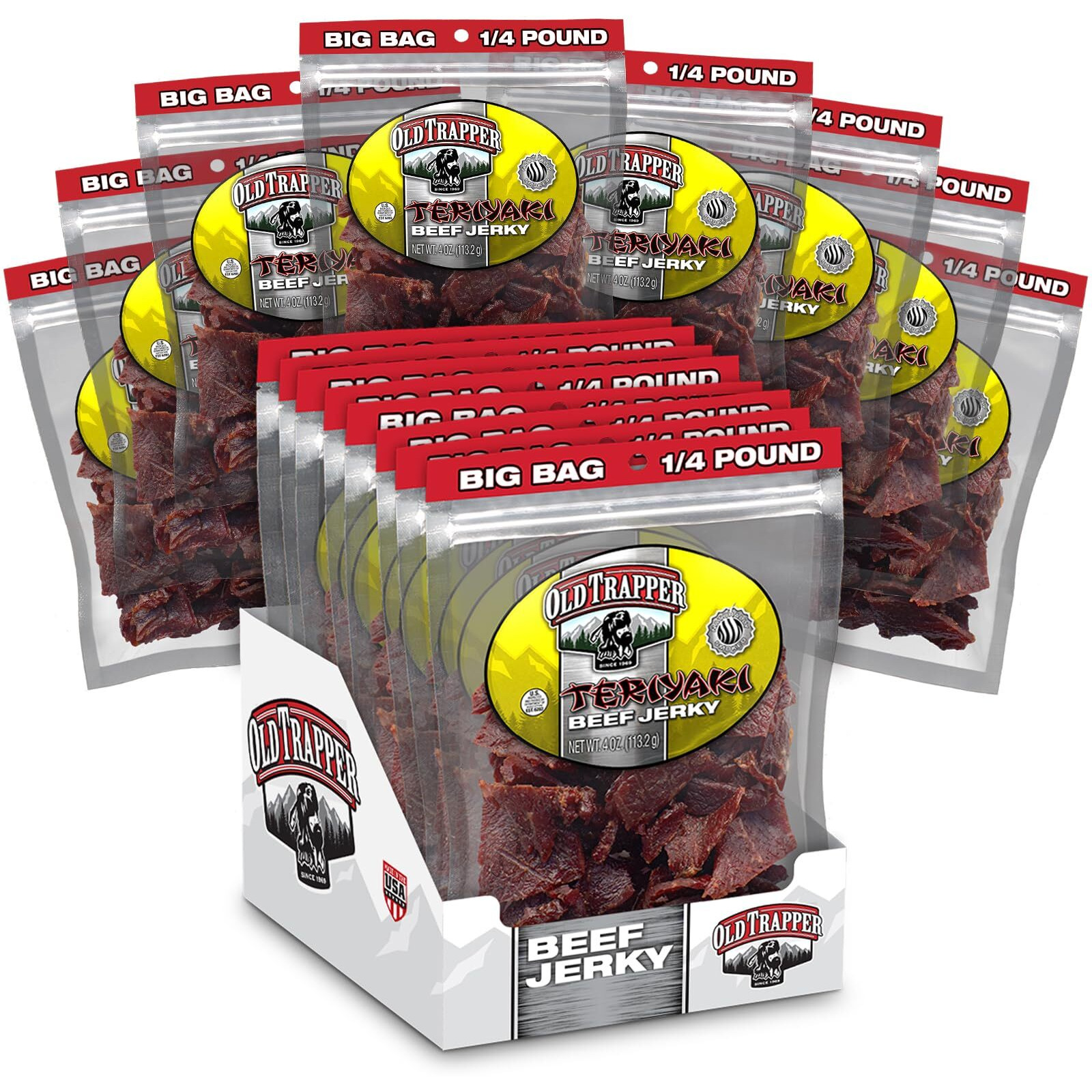 Old Trapper Beef Jerky, Teriyaki 1/4-Pound Individual Package, Savory And Sweet Meat Snack For Lunches Or Between Meals, 11 Grams Of Protein, Zero Grams Of Fat, 70 Calories Per Serving (Pack Of 8)