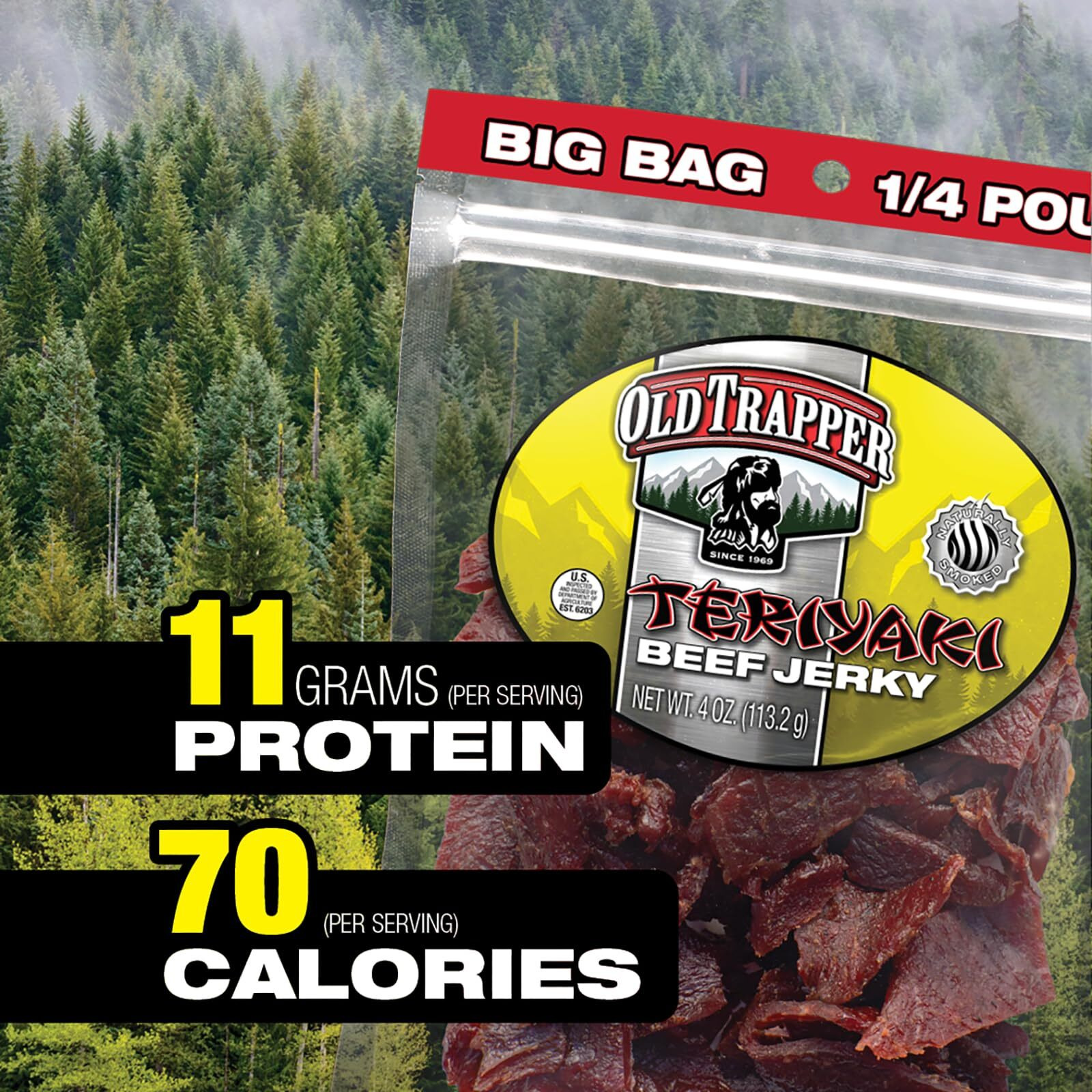 Old Trapper Beef Jerky, Teriyaki 1/4-Pound Individual Package, Savory And Sweet Meat Snack For Lunches Or Between Meals, 11 Grams Of Protein, Zero Grams Of Fat, 70 Calories Per Serving (Pack Of 8)