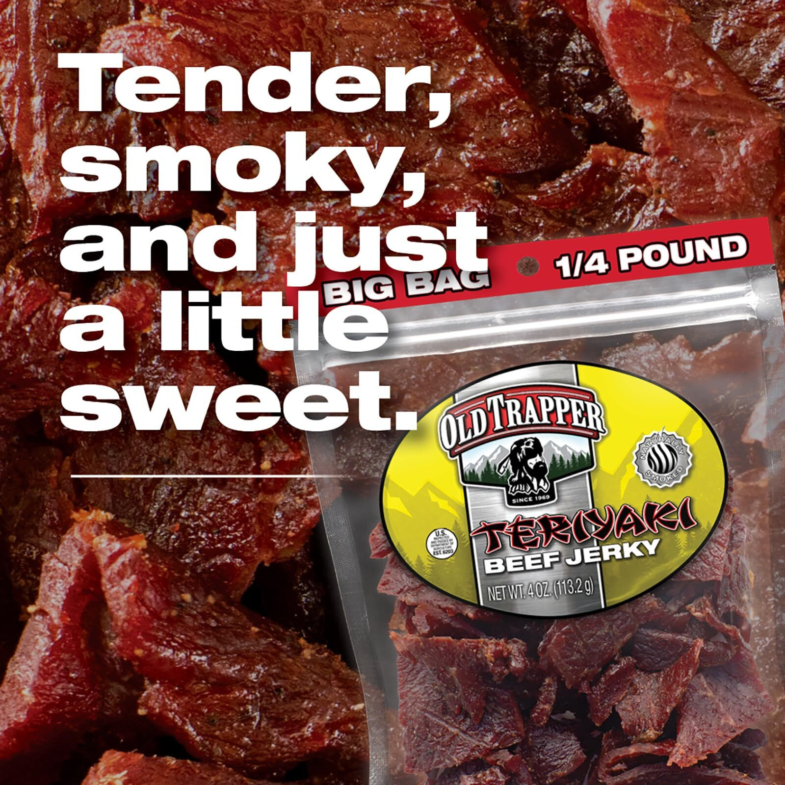 Old Trapper Beef Jerky, Teriyaki 1/4-Pound Individual Package, Savory And Sweet Meat Snack For Lunches Or Between Meals, 11 Grams Of Protein, Zero Grams Of Fat, 70 Calories Per Serving (Pack Of 8)