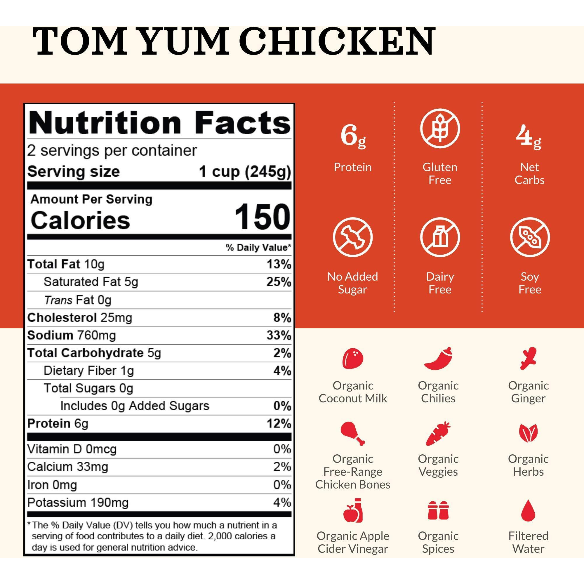 Tom Yum Chicken Keto Bone Broth, Chicken By Kettle And Fire, Keto Diet, Paleo Friendly, Gluten Free, With Collagen, 4G Net Carbs, 6G Of Protein (Pack Of 6)