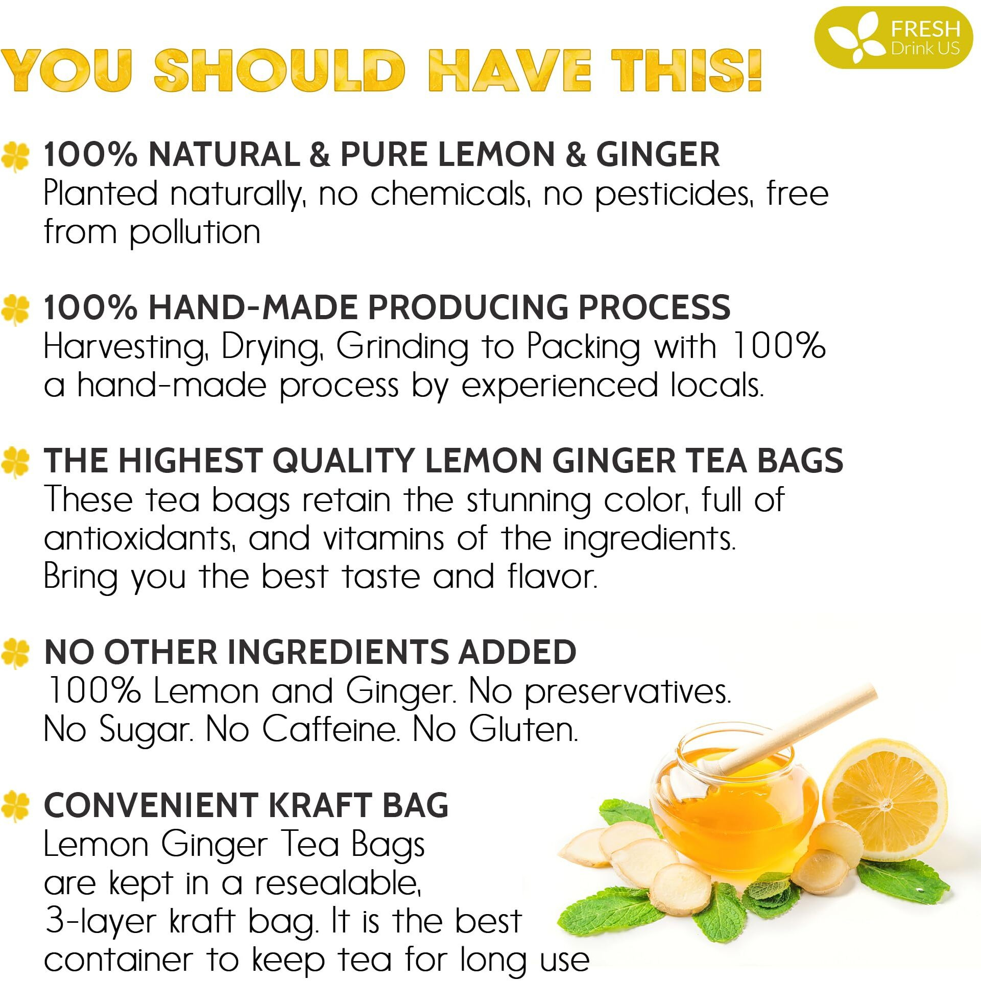 Freshdrinkus, Premium 75 Lemon Ginger Tea Bags, 100% Natural Ingredients, Hand-Made Blend Of Lemon And Ginger, Eco-Conscious Tea Bags. Lemon Ginger Herbal Tea. No Sugar, No Caffeine, No Gluten, Vegan.