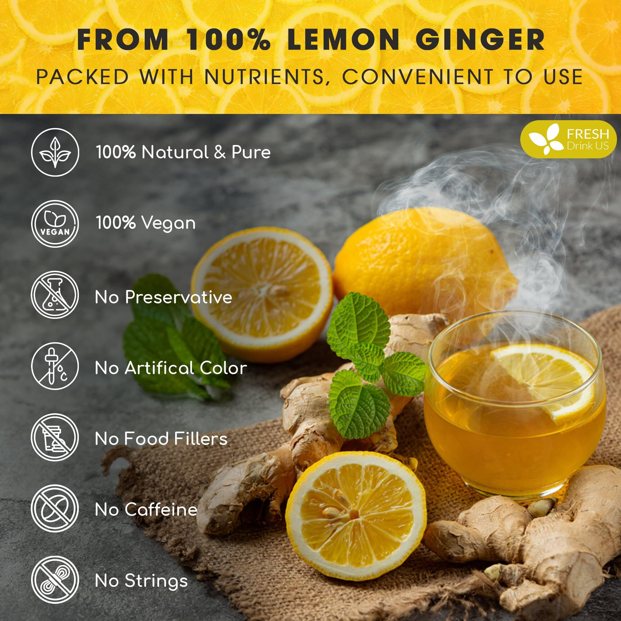 Freshdrinkus, Premium 75 Lemon Ginger Tea Bags, 100% Natural Ingredients, Hand-Made Blend Of Lemon And Ginger, Eco-Conscious Tea Bags. Lemon Ginger Herbal Tea. No Sugar, No Caffeine, No Gluten, Vegan.