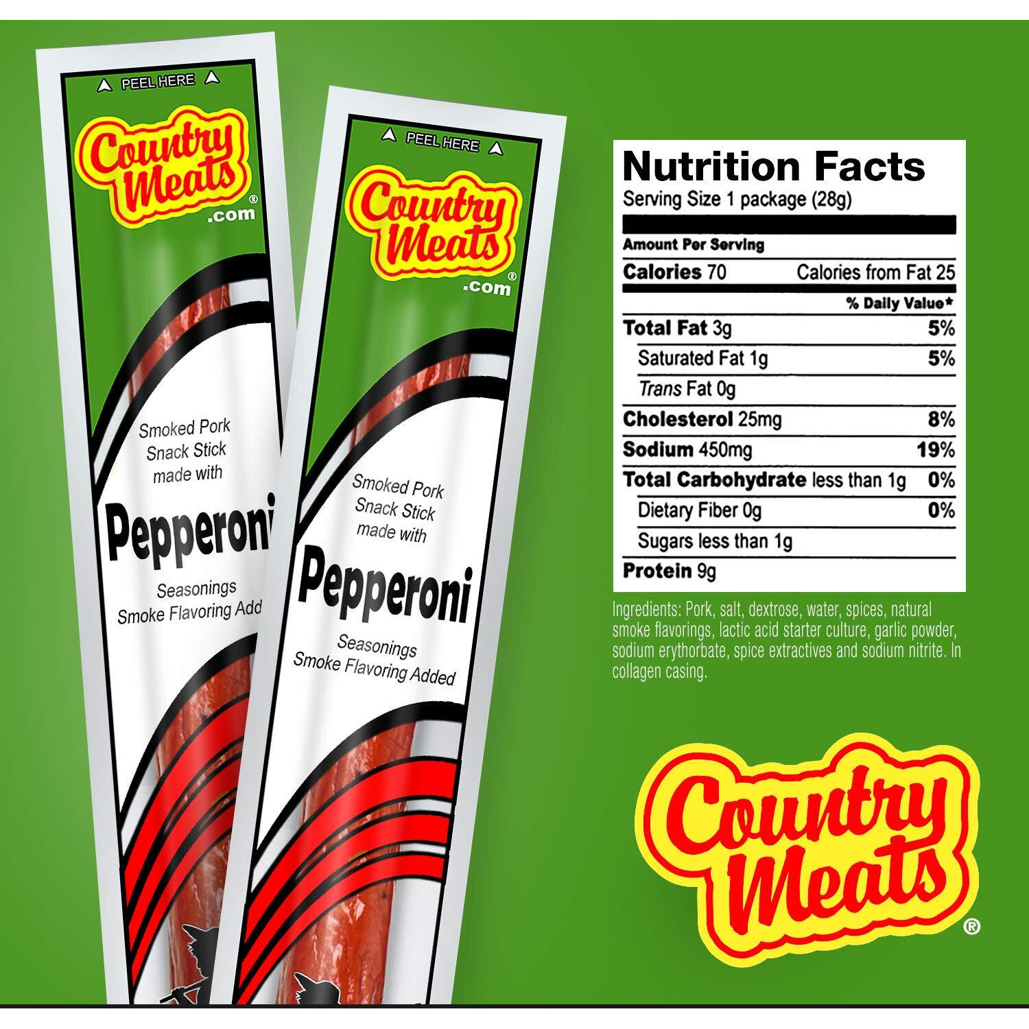Country Meats, Meat Sticks, 0 Trans Fat, Usda Certified, Good Source Of Protein, Carb Conscious Snack (10 Meat Sticks, Pepperoni)