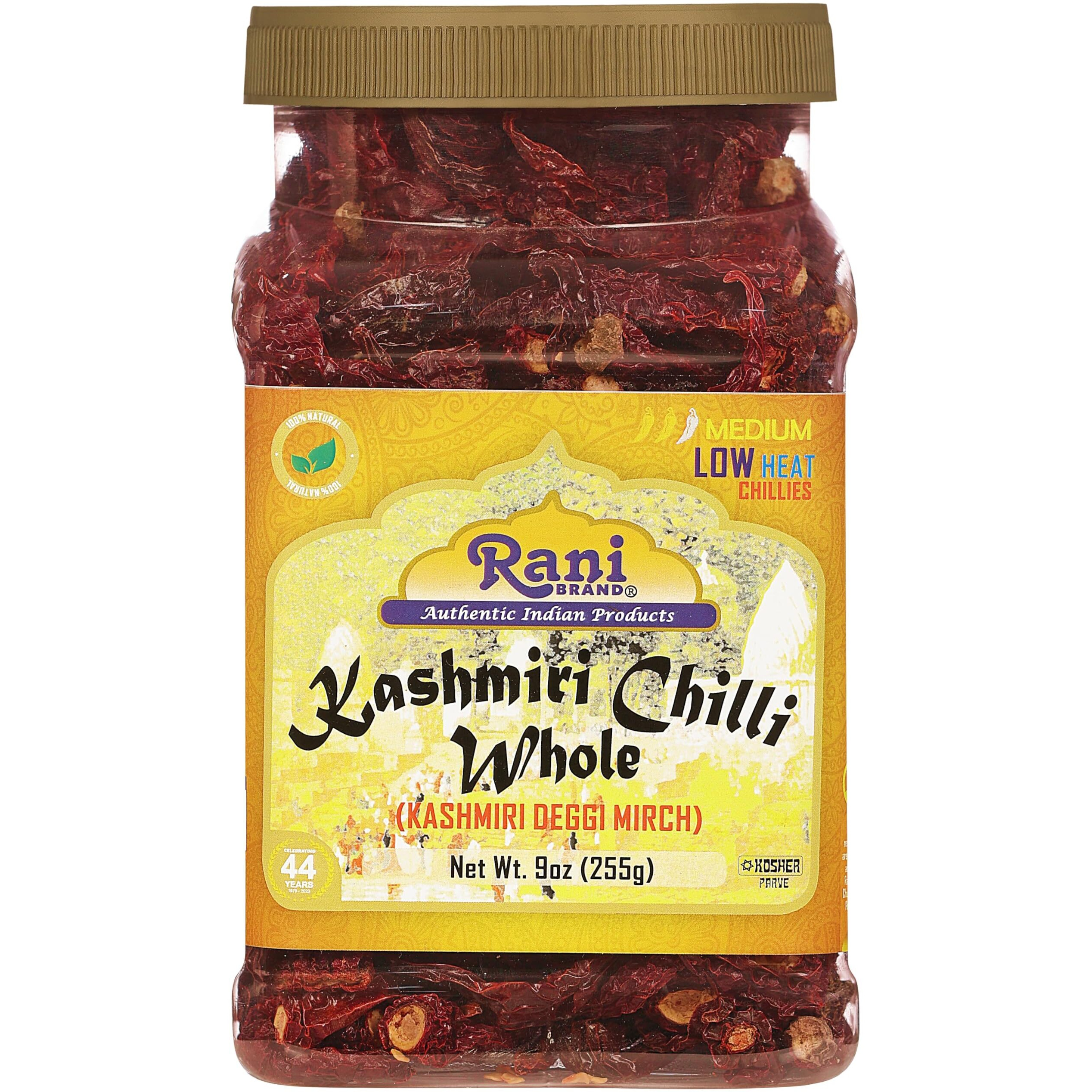 Rani Kashmiri Chilli Whole Stemless (Deggi Mirch, Low Heat) 9Oz (255G) Pet Jar ~ Natural | Salt-Free | Vegan | No Colors | Gluten Friendly | Non-Gmo | Kosher | Indian Origin