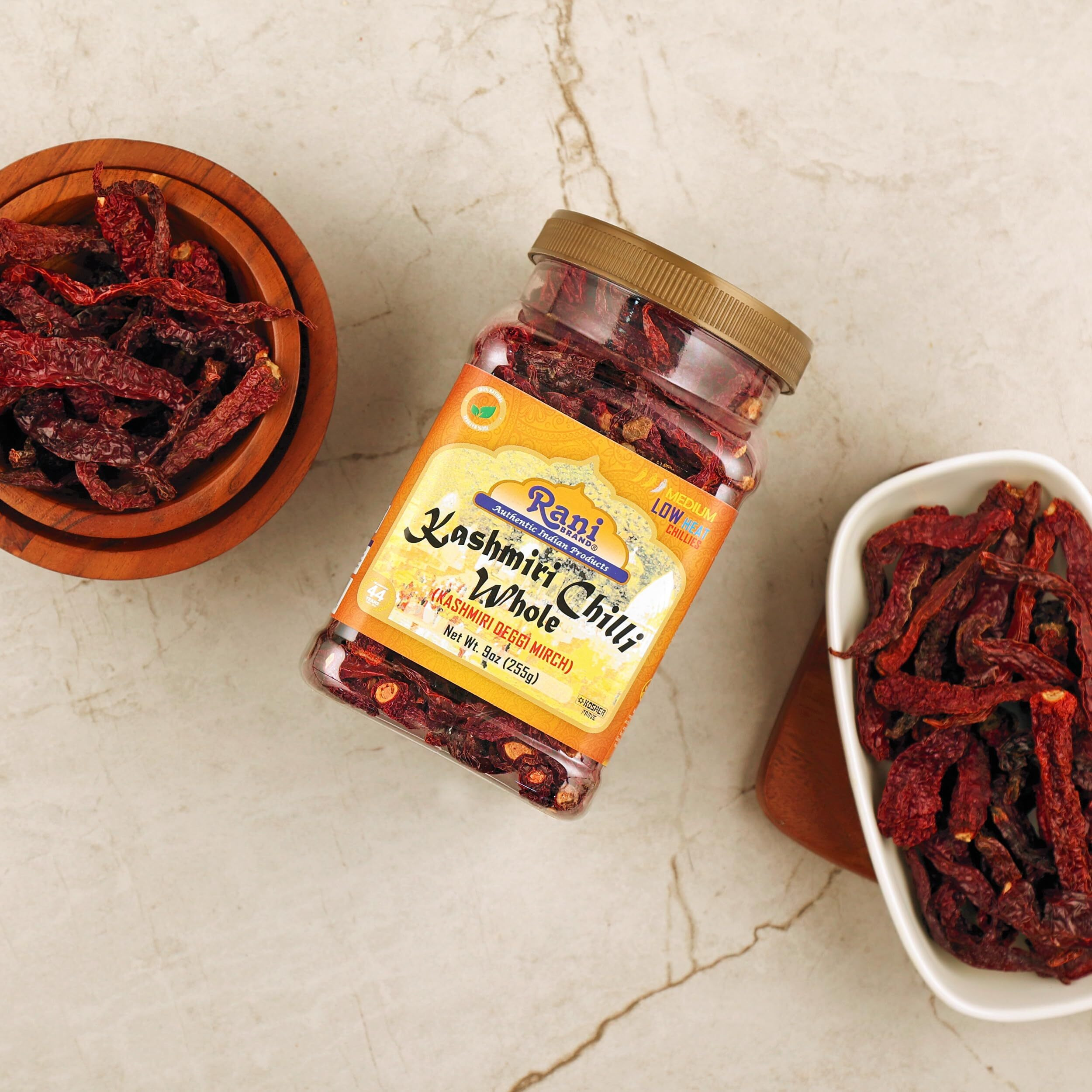 Rani Kashmiri Chilli Whole Stemless (Deggi Mirch, Low Heat) 9Oz (255G) Pet Jar ~ Natural | Salt-Free | Vegan | No Colors | Gluten Friendly | Non-Gmo | Kosher | Indian Origin