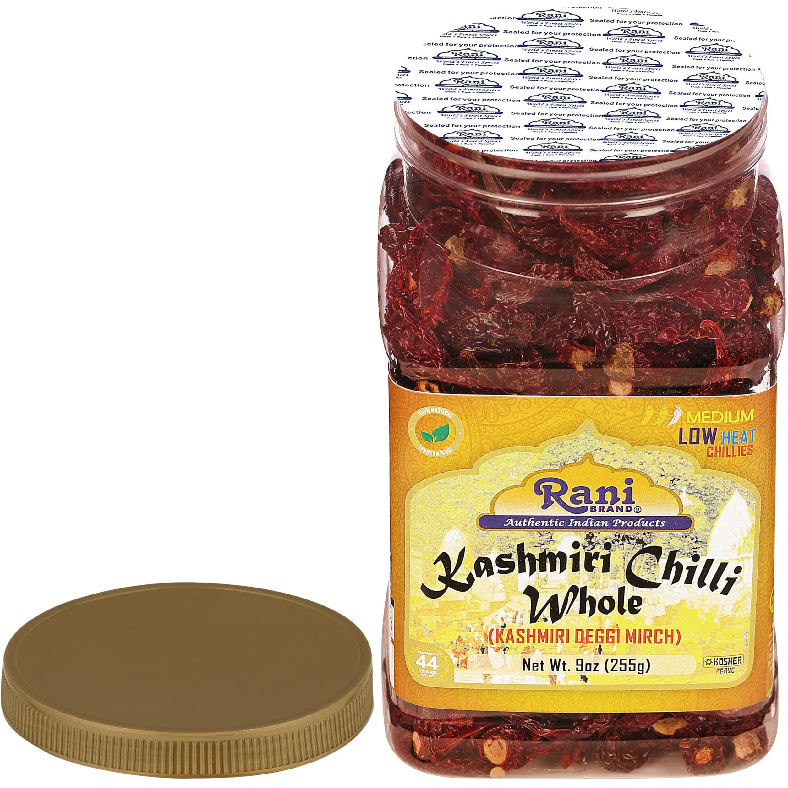 Rani Kashmiri Chilli Whole Stemless (Deggi Mirch, Low Heat) 9Oz (255G) Pet Jar ~ Natural | Salt-Free | Vegan | No Colors | Gluten Friendly | Non-Gmo | Kosher | Indian Origin