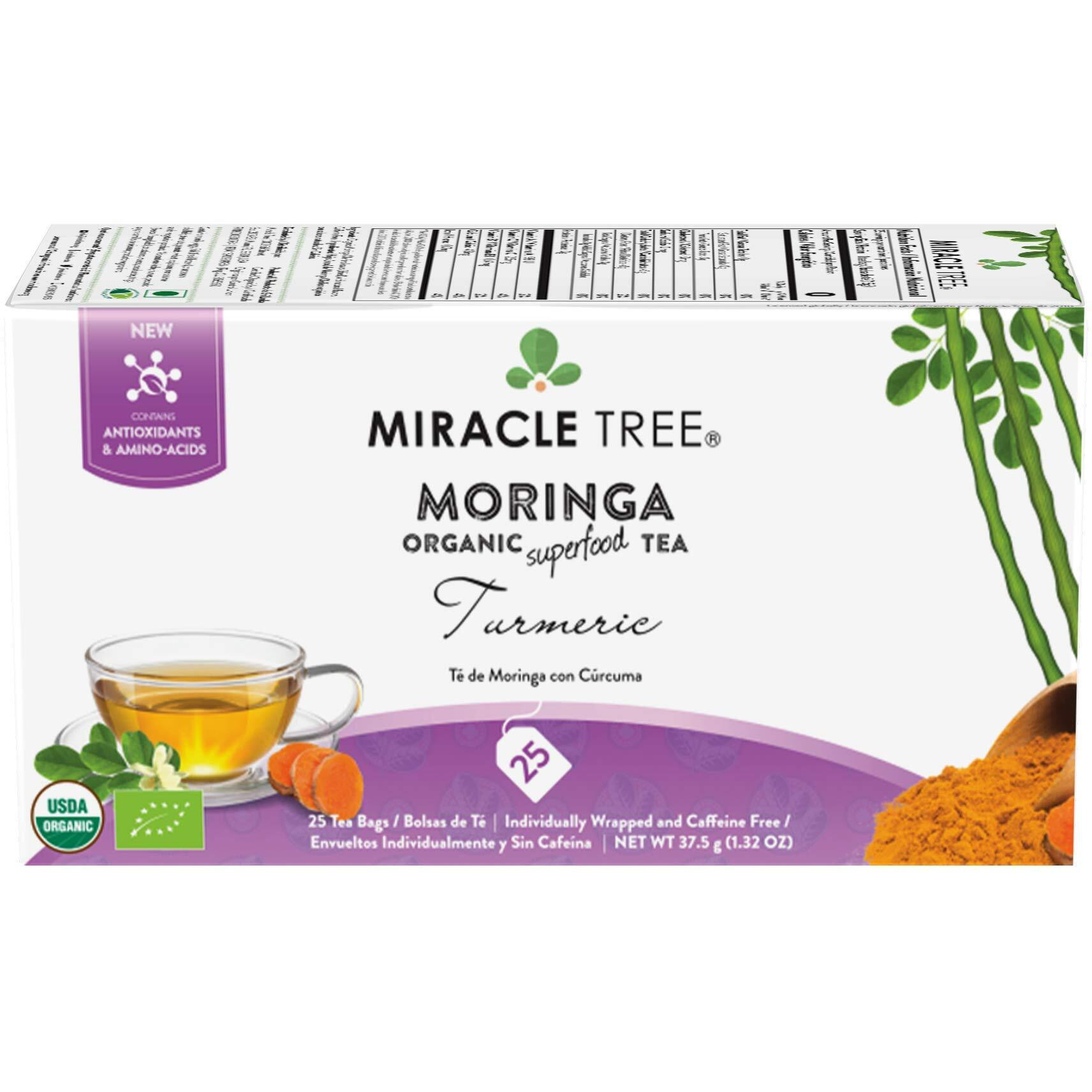 Miracle Tree - Organic Moringa Superfood Tea, 25 Individually Sealed Tea Bags, Turmeric (Keto, Detox, Energy & Immunity Booster, Vegan, Gluten-Free, Organic, Non-Gmo, Caffeine-Free)