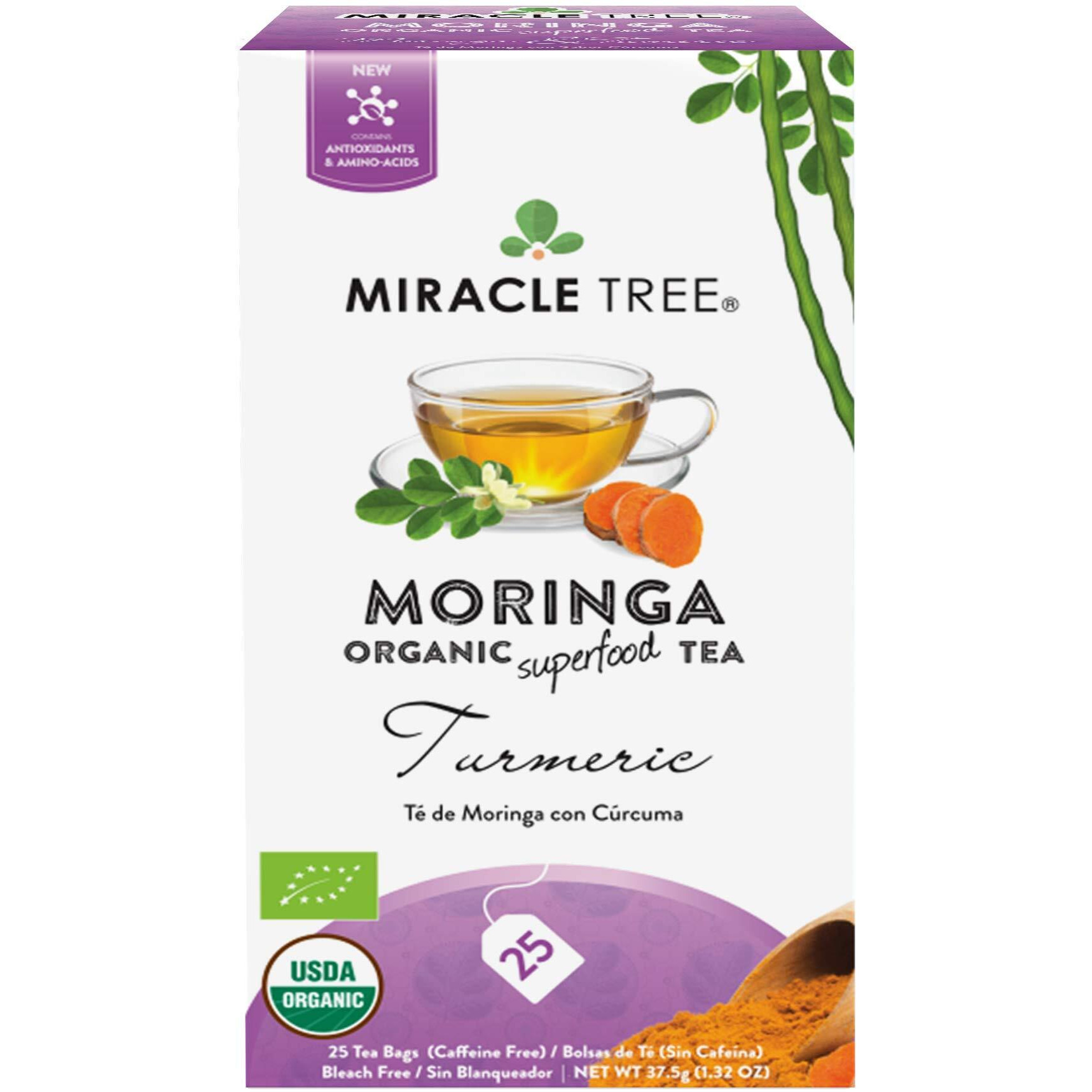 Miracle Tree - Organic Moringa Superfood Tea, 25 Individually Sealed Tea Bags, Turmeric (Keto, Detox, Energy & Immunity Booster, Vegan, Gluten-Free, Organic, Non-Gmo, Caffeine-Free)