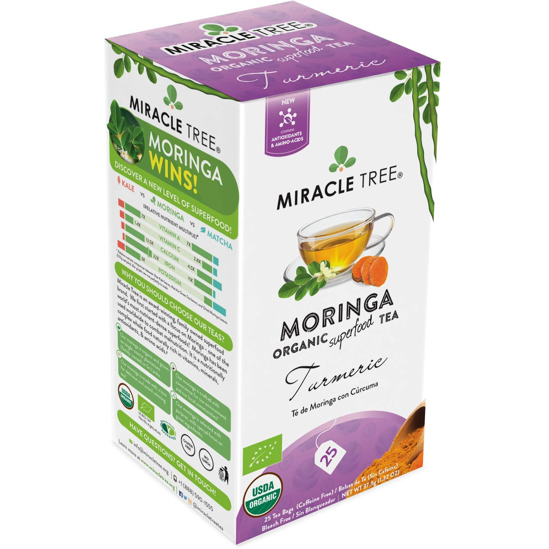 Miracle Tree - Organic Moringa Superfood Tea, 25 Individually Sealed Tea Bags, Turmeric (Keto, Detox, Energy & Immunity Booster, Vegan, Gluten-Free, Organic, Non-Gmo, Caffeine-Free)